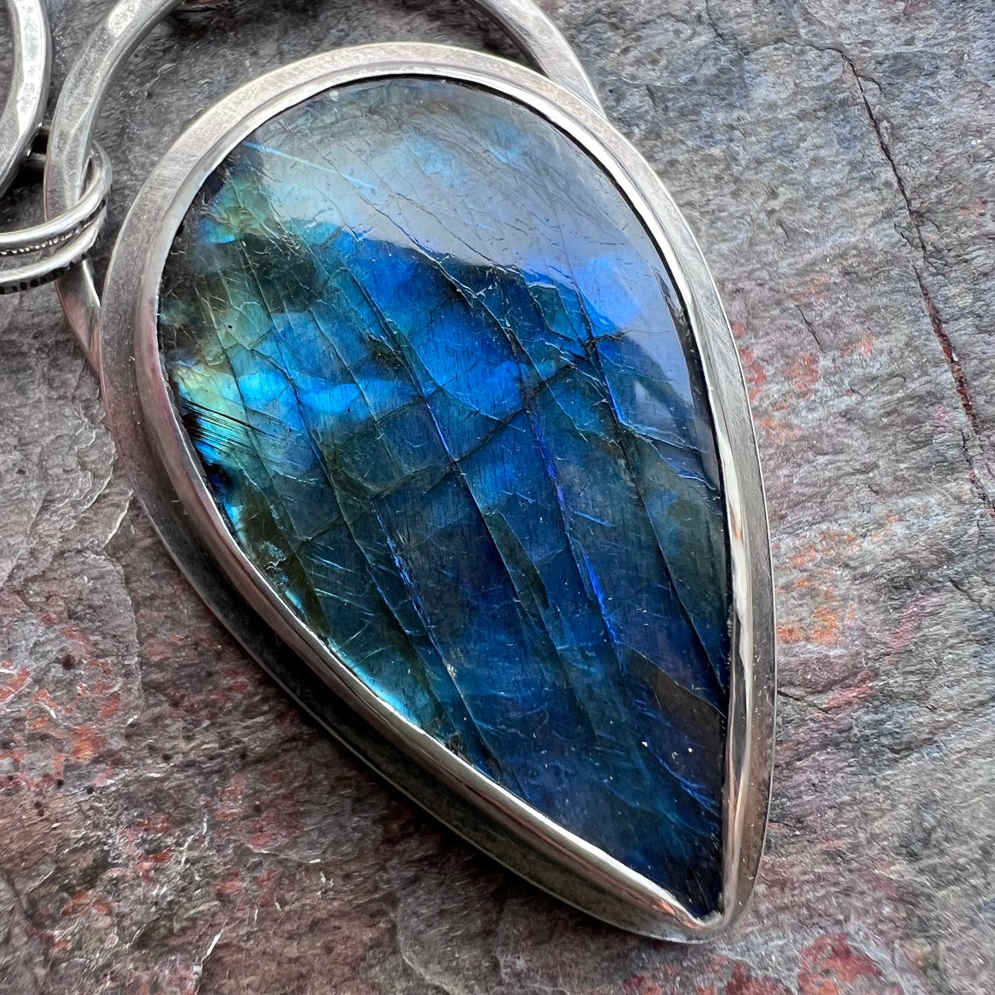 Labradorite Sterling Silver Necklace - Handmade One-of-a-kind Pendant on Hammered Ring Chain