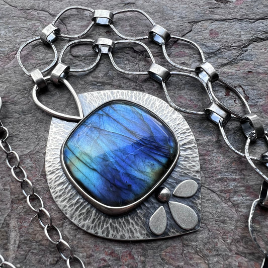 Labradorite Sterling Silver Necklace - Large Handmade One-of-a-kind Pendant on Sterling Silver Chain
