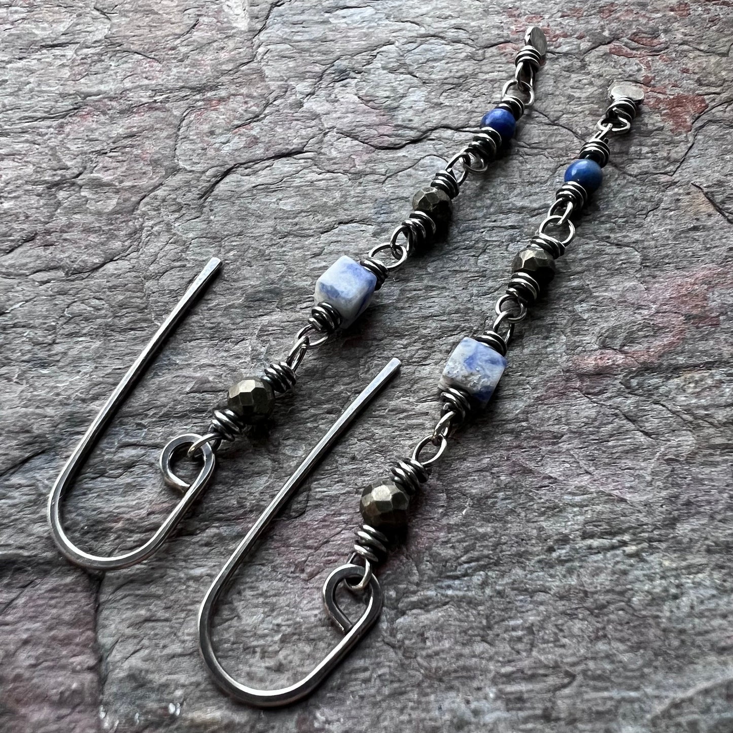 Lapis Lazuli and Pyrite Sterling Silver Earrings - Genuine Lapis Lazuli and Pyrite on Handformed Sterling Silver Earwires