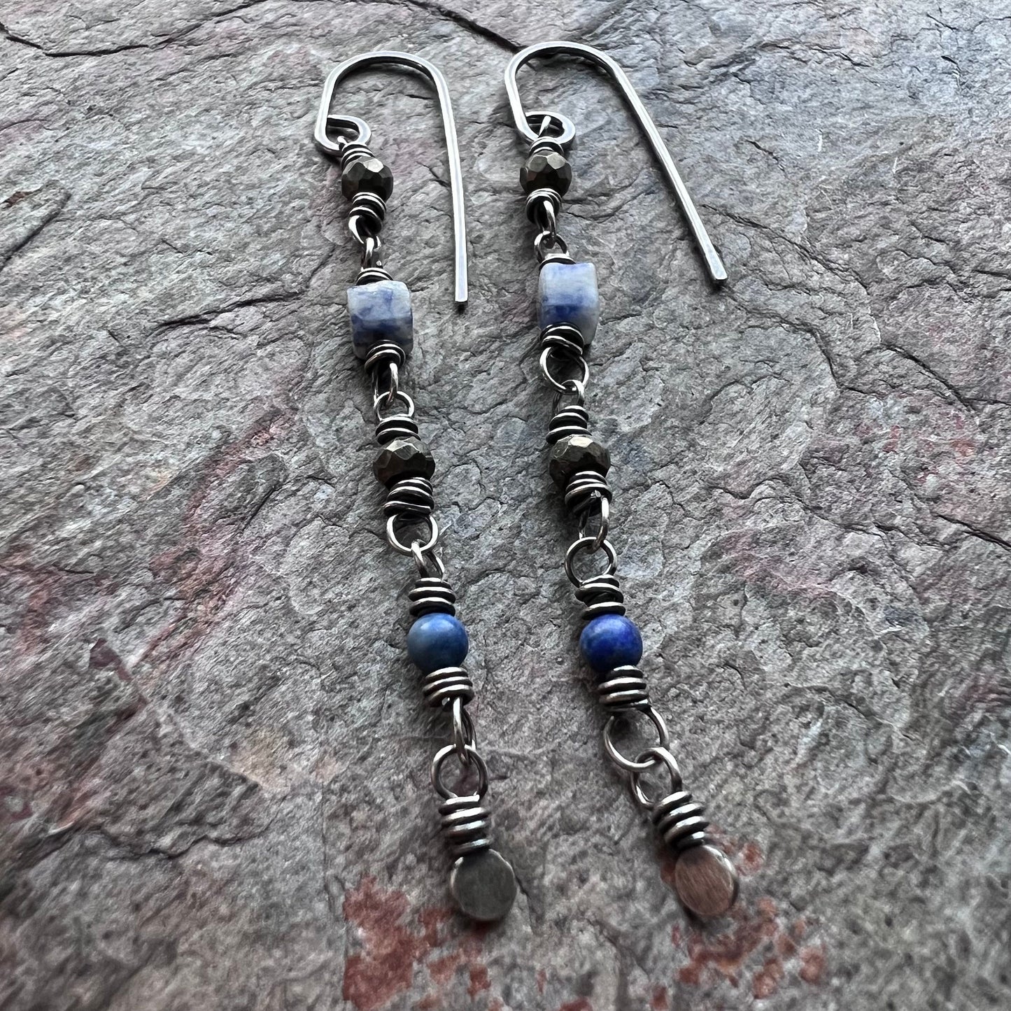 Lapis Lazuli and Pyrite Sterling Silver Earrings - Genuine Lapis Lazuli and Pyrite on Handformed Sterling Silver Earwires