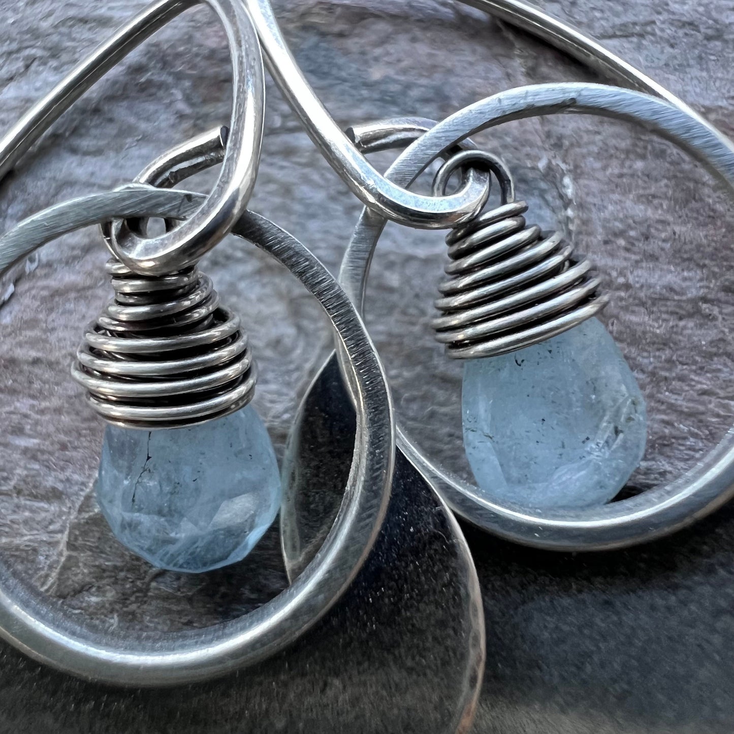 Aquamarine Sterling Silver Earrings - Genuine Aquamarine and Sterling Silver Petal Earrings