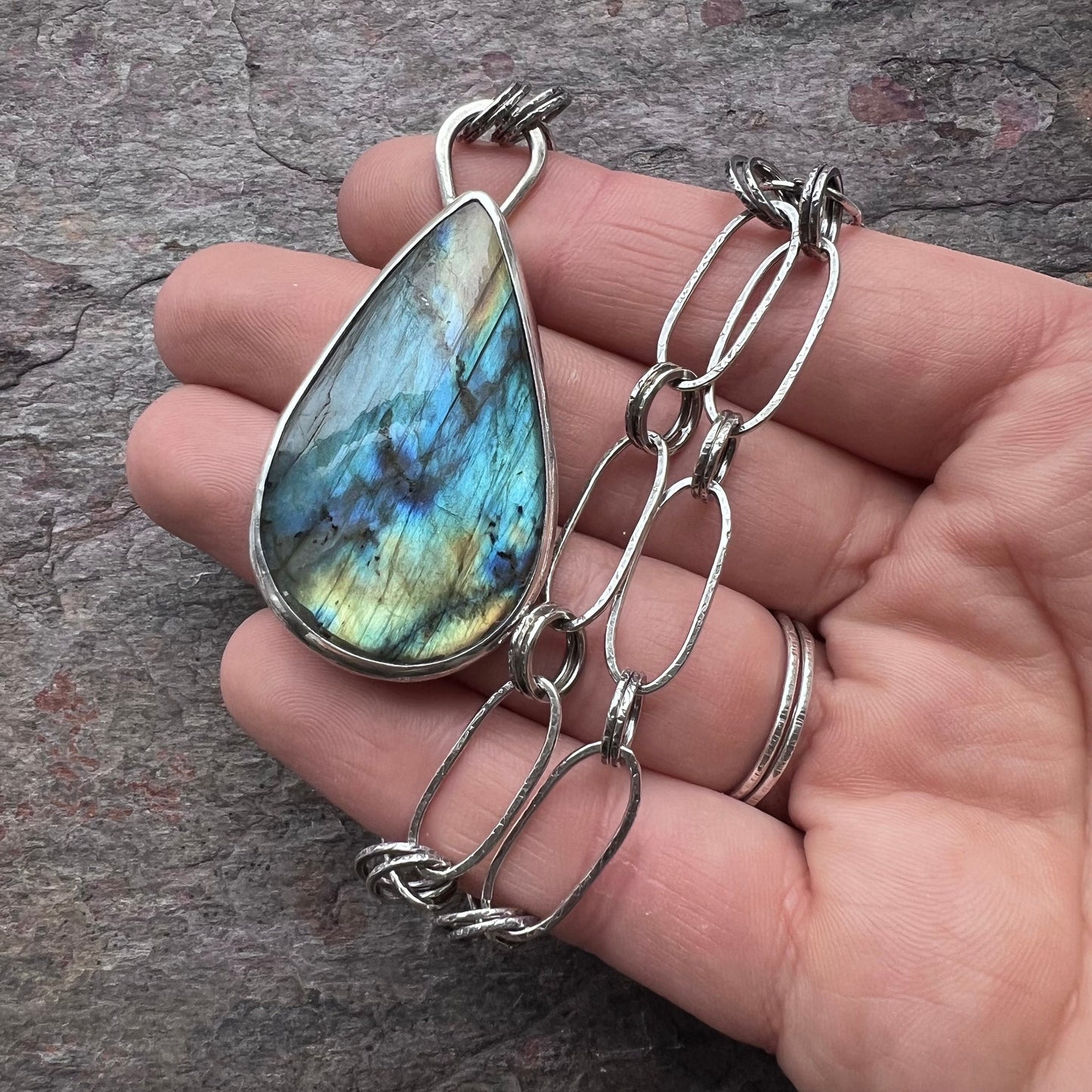 Labradorite Sterling Silver Necklace - One-of-a-kind Labradorite Pendant on Handmade Sterling Silver Chain