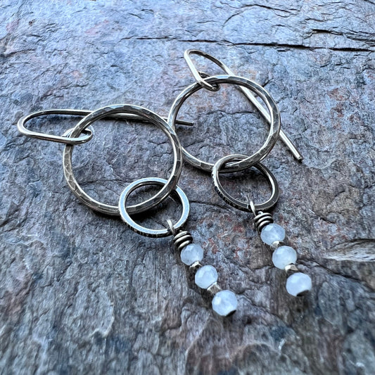 Aquamarine Sterling Silver Earrings - Genuine Aquamarine Rondelles and Hammered Sterling Silver Circle Earrings