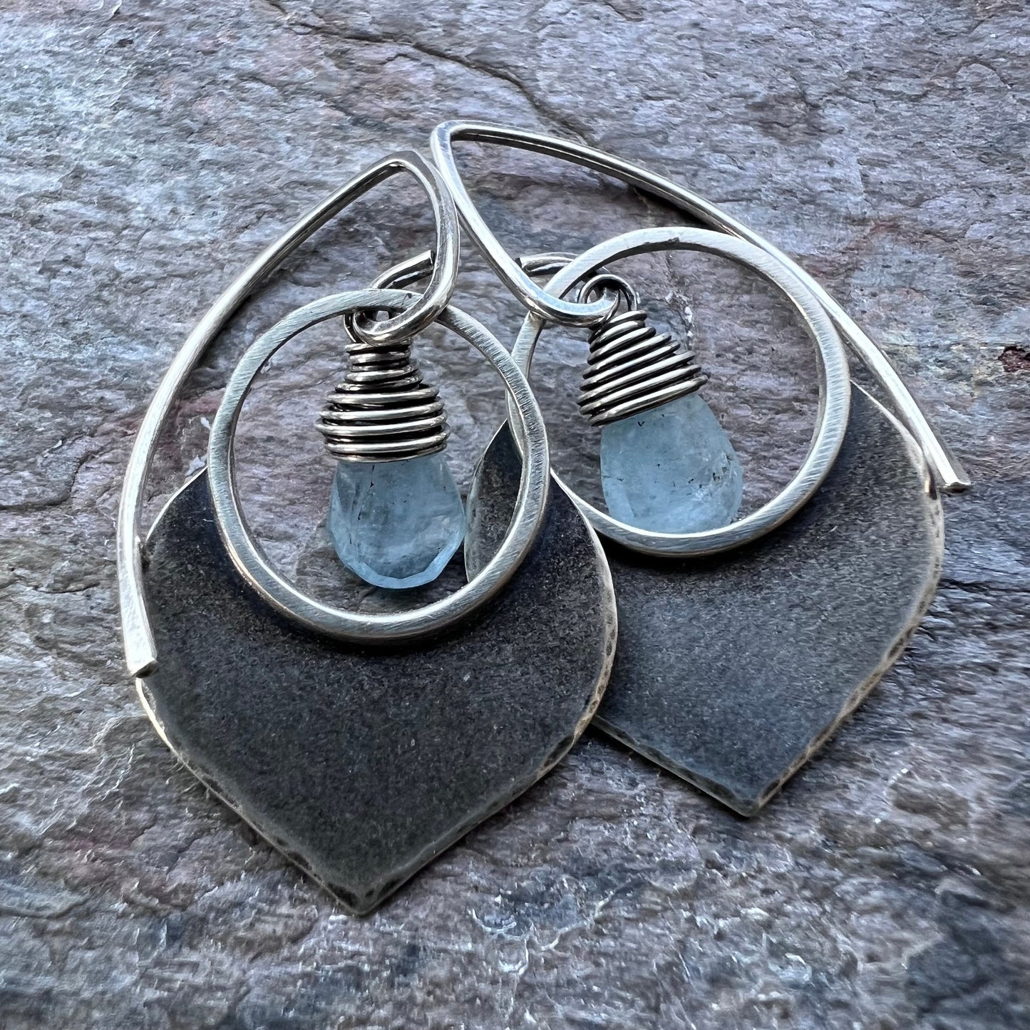 Aquamarine Sterling Silver Earrings - Genuine Aquamarine and Sterling Silver Petal Earrings