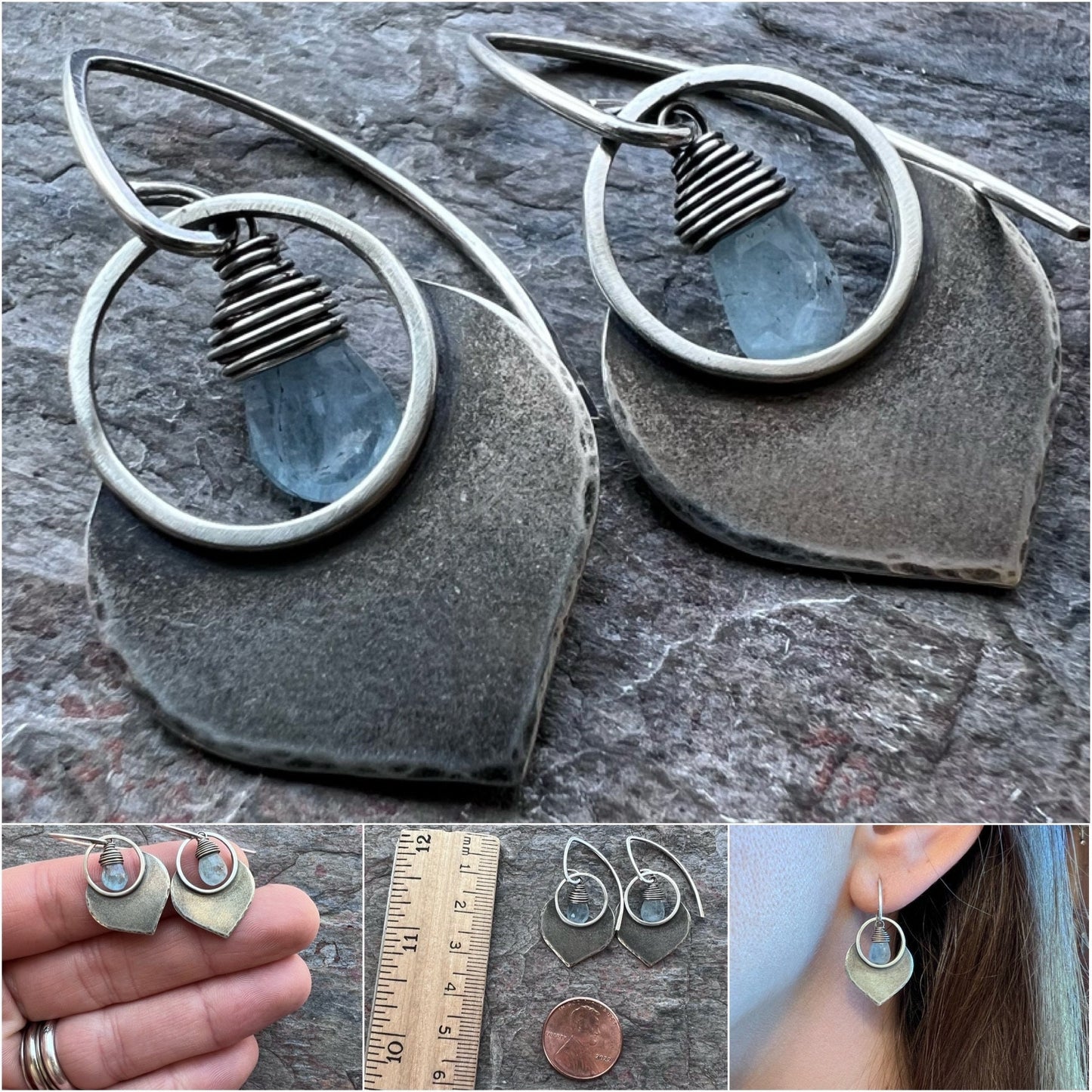 Aquamarine Sterling Silver Earrings - Genuine Aquamarine and Sterling Silver Petal Earrings