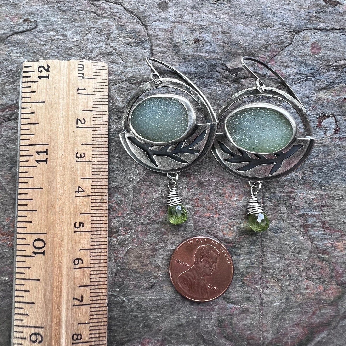 Sterling Silver Druzy and Peridot Earrings - Handmade One-of-a-kind Earrings