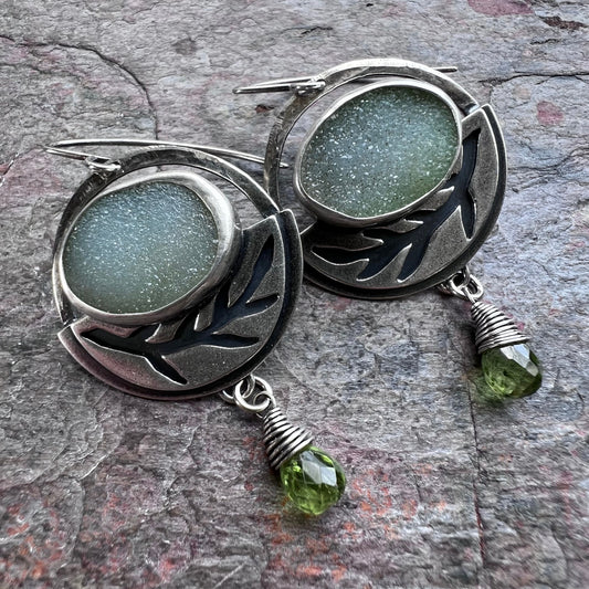 Sterling Silver Druzy and Peridot Earrings - Handmade One-of-a-kind Earrings