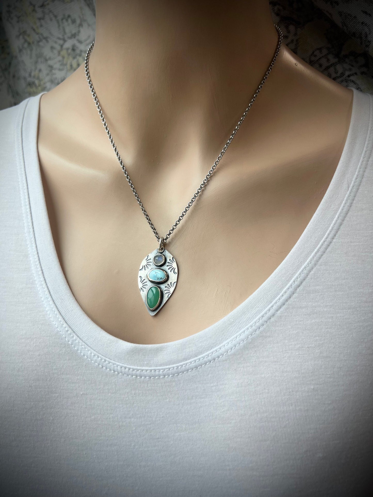 Sterling Silver Rainbow Moonstone, Turquoise, and Chrysoprase Necklace - Handmade One-of-a-kind Pendant on Sterling Silver Chain