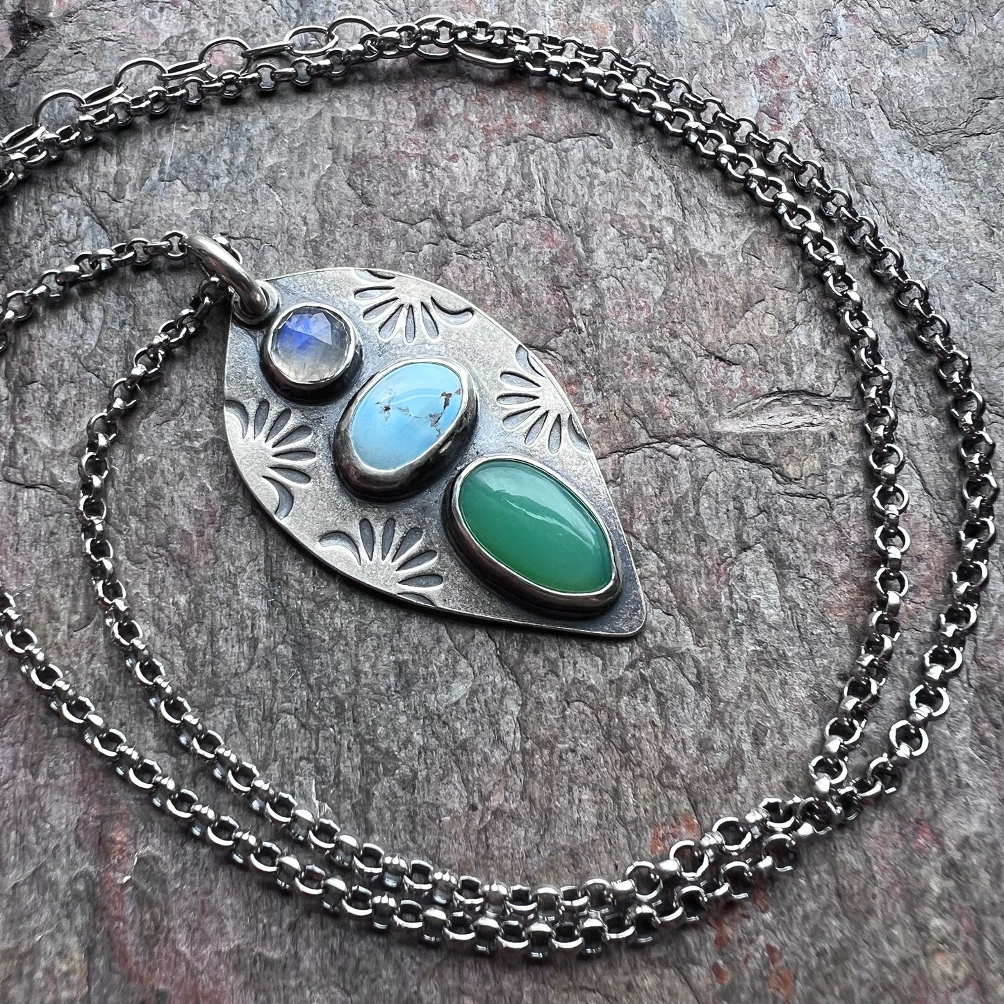 Sterling Silver Rainbow Moonstone, Turquoise, and Chrysoprase Necklace - Handmade One-of-a-kind Pendant on Sterling Silver Chain