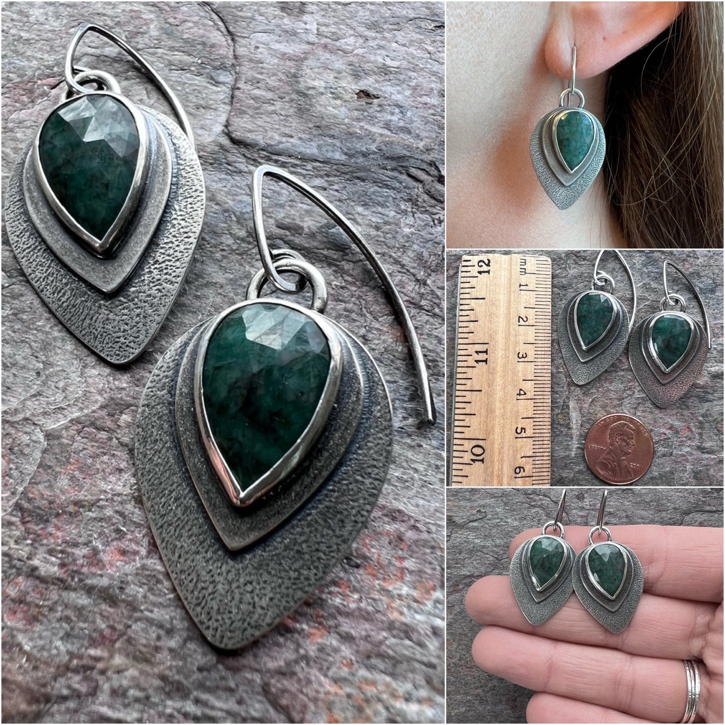 Emerald Sterling Silver Earrings - Handmade Genuine Emerald and Sterling Silver One-of-a-kind Earrings