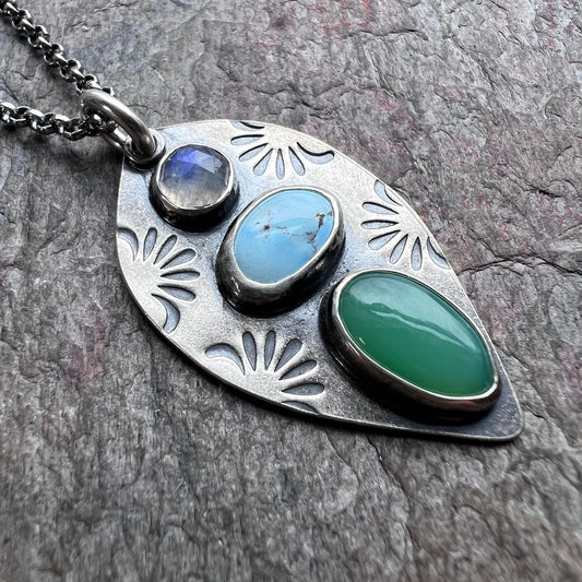 Sterling Silver Rainbow Moonstone, Turquoise, and Chrysoprase Necklace - Handmade One-of-a-kind Pendant on Sterling Silver Chain