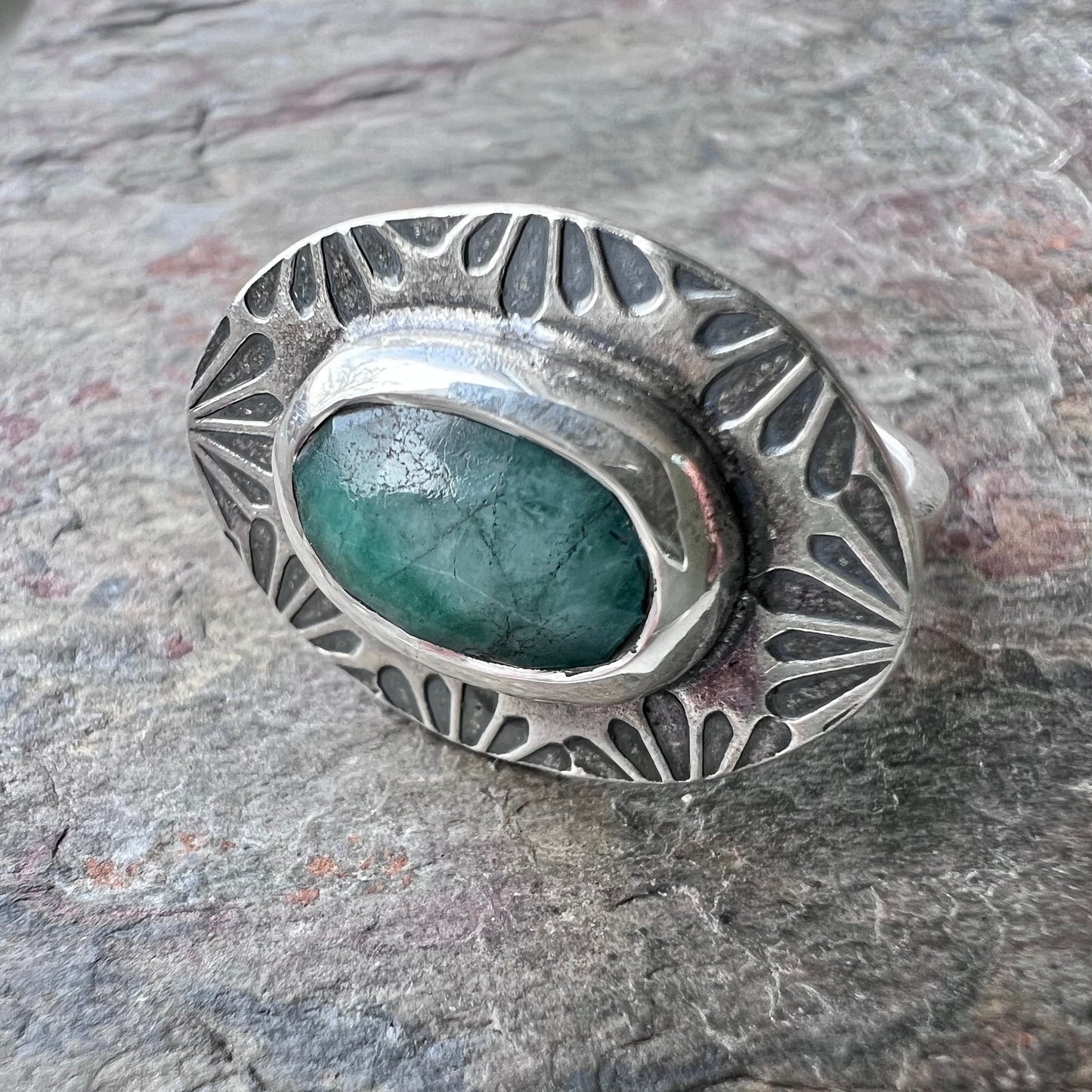 Emerald Sterling Silver Ring - Handmade Genuine Emerald One-of-a-kind Ring - Size 8.5