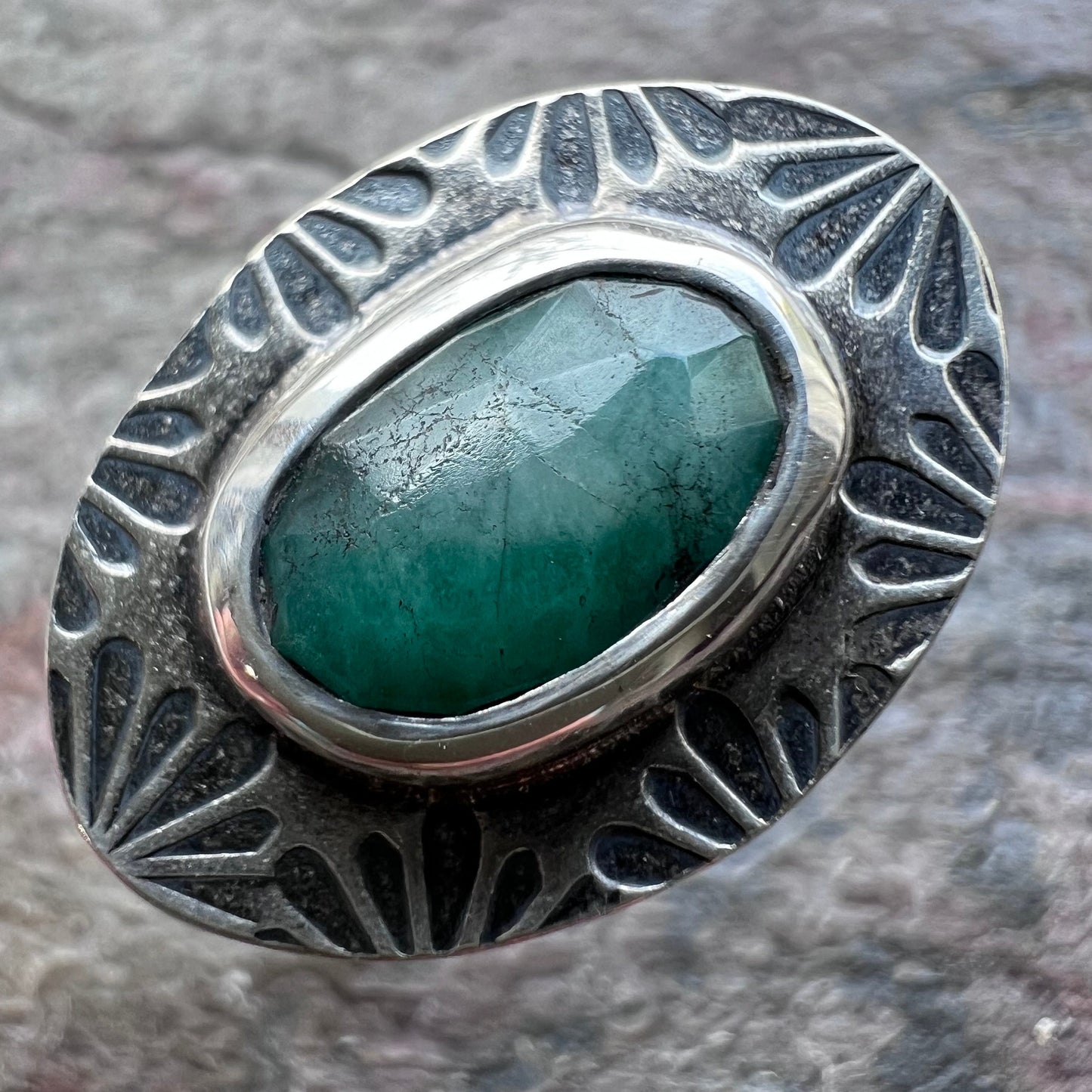 Emerald Sterling Silver Ring - Handmade Genuine Emerald One-of-a-kind Ring - Size 8.5