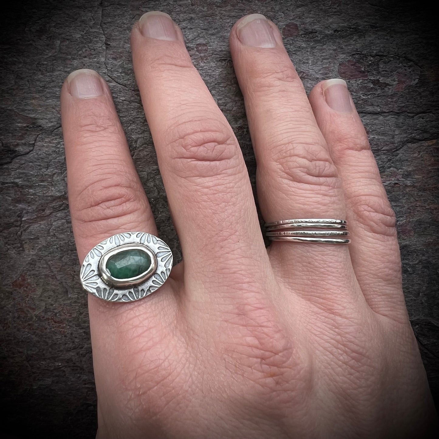 Emerald Sterling Silver Ring - Handmade Genuine Emerald One-of-a-kind Ring - Size 8.5