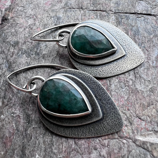 Emerald Sterling Silver Earrings - Handmade Genuine Emerald and Sterling Silver One-of-a-kind Earrings