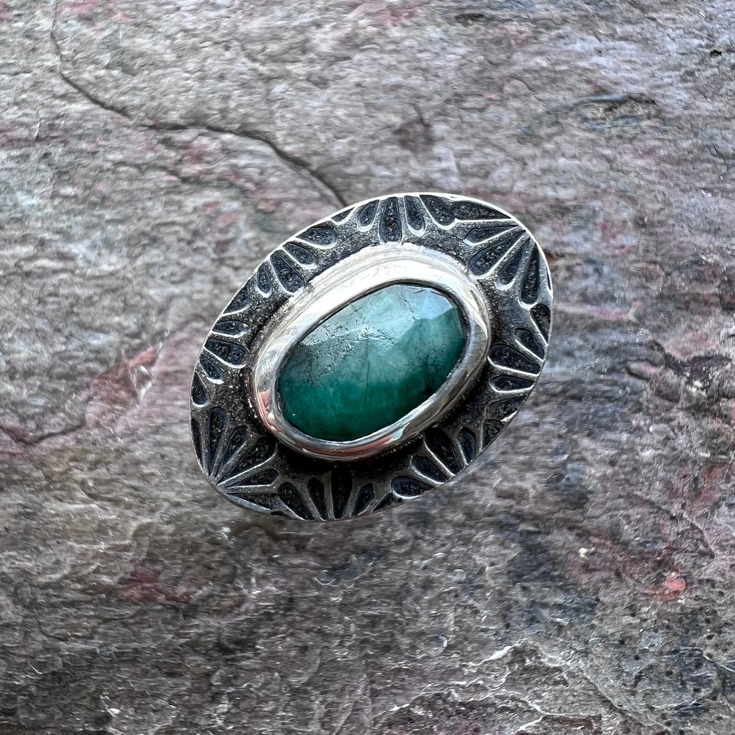 Emerald Sterling Silver Ring - Handmade Genuine Emerald One-of-a-kind Ring - Size 8.5