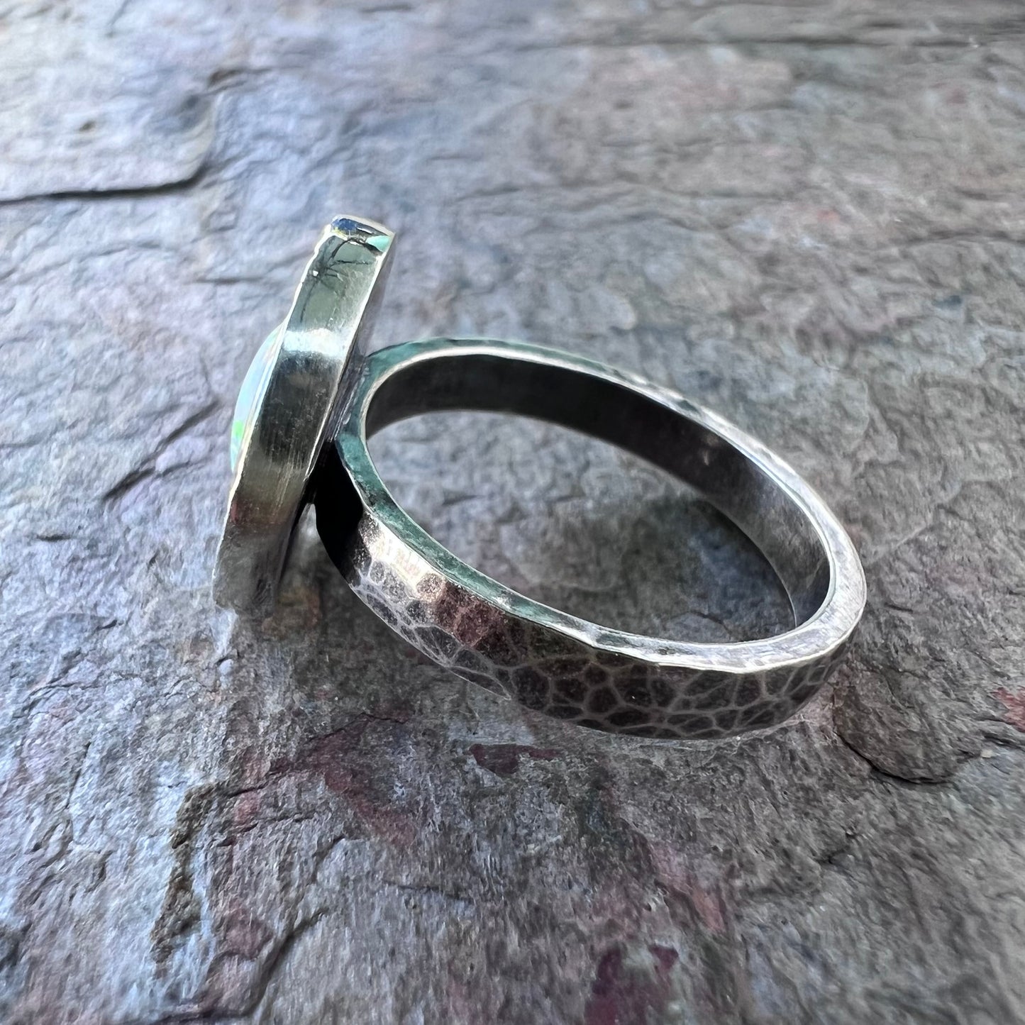 Opal Sterling Silver Ring - Handmade Simulated Opal Cabochon Sterling Silver Ring - Size 8
