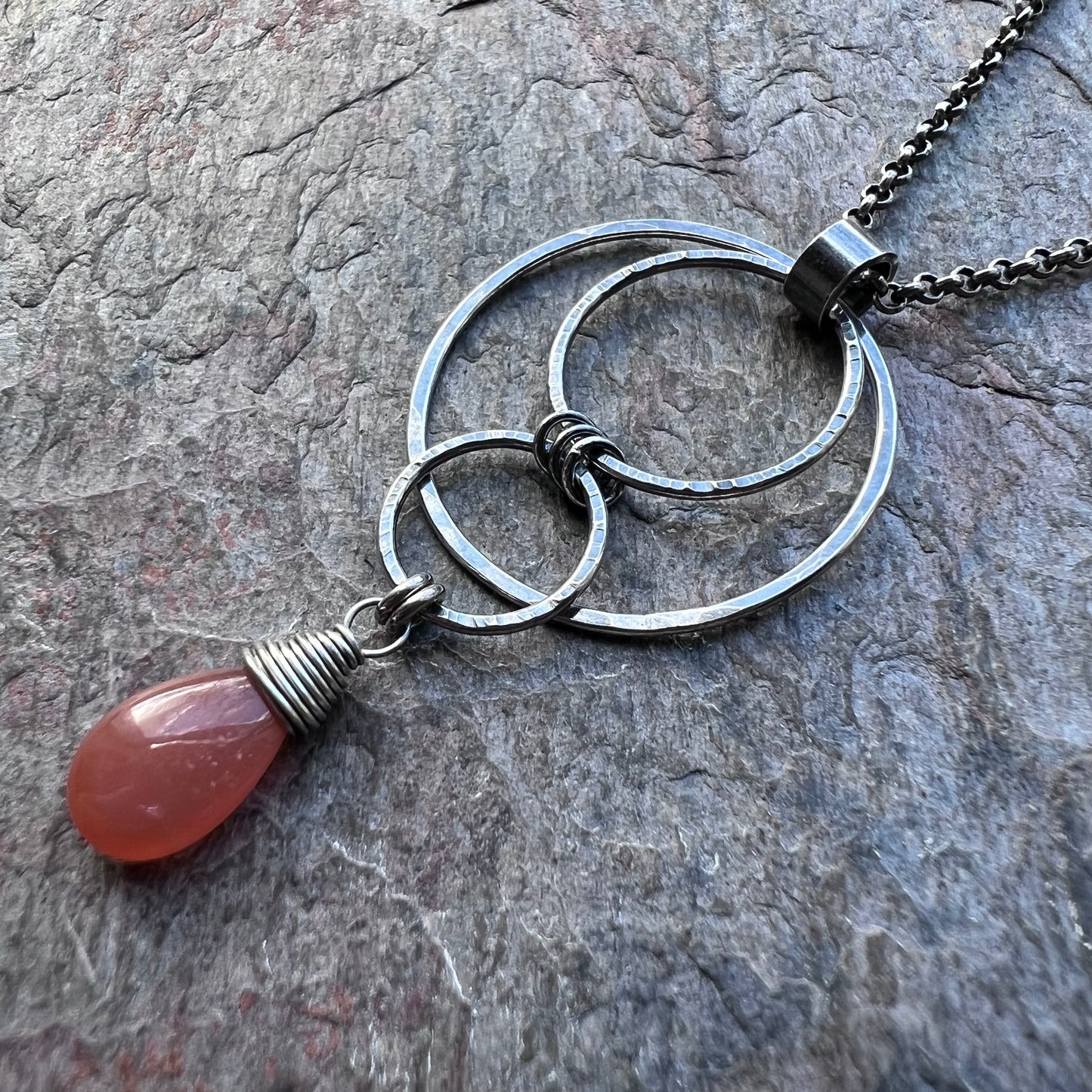 Peach Moonstone Sterling Silver Necklace - Peach Moonstone Teardrop and Hammered Circles Pendant on Sterling Silver Chain