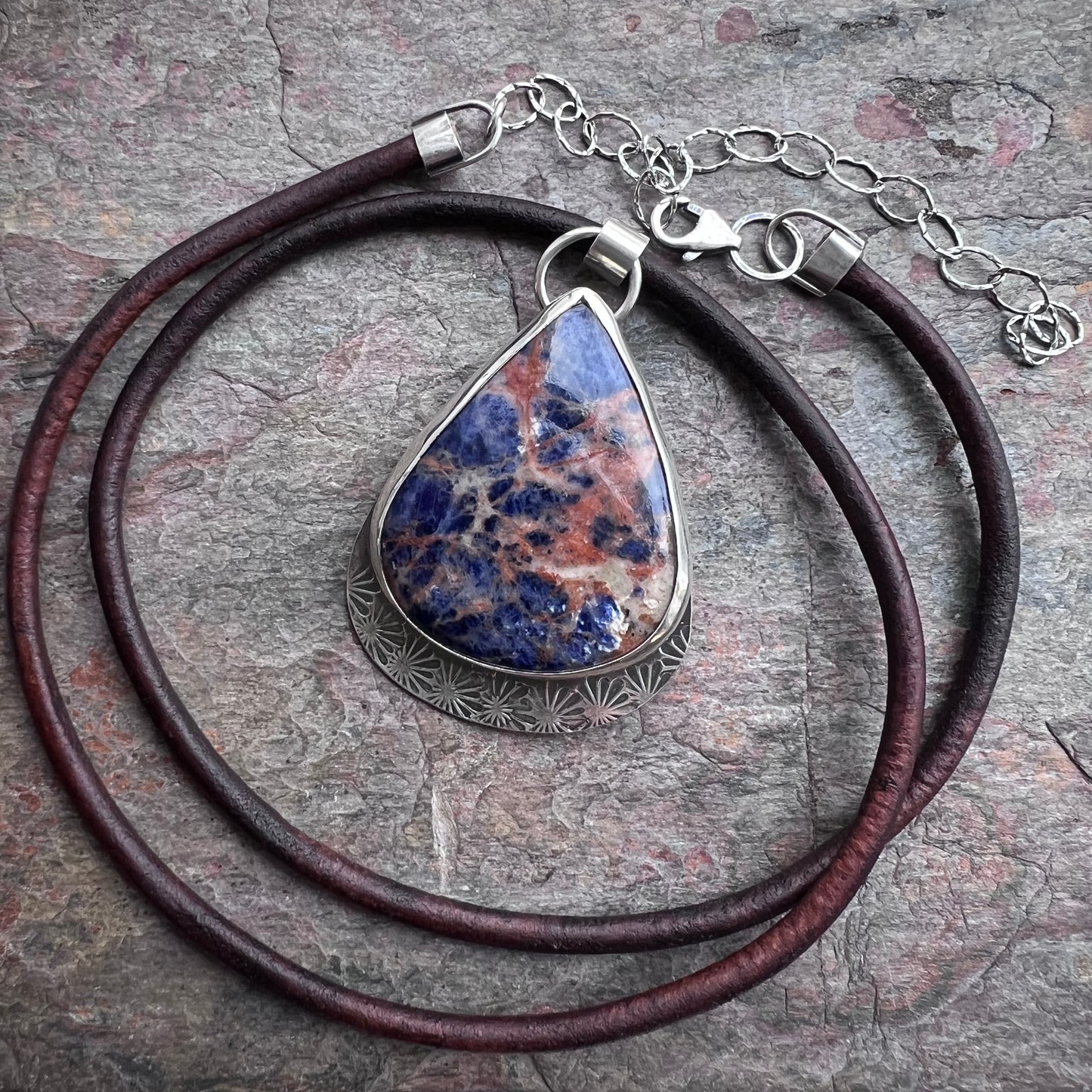 Large Sodalite and Sterling Silver Pendant Necklace - Handmade One-of-a-Kind Teardrop Pendant on Genuine Leather