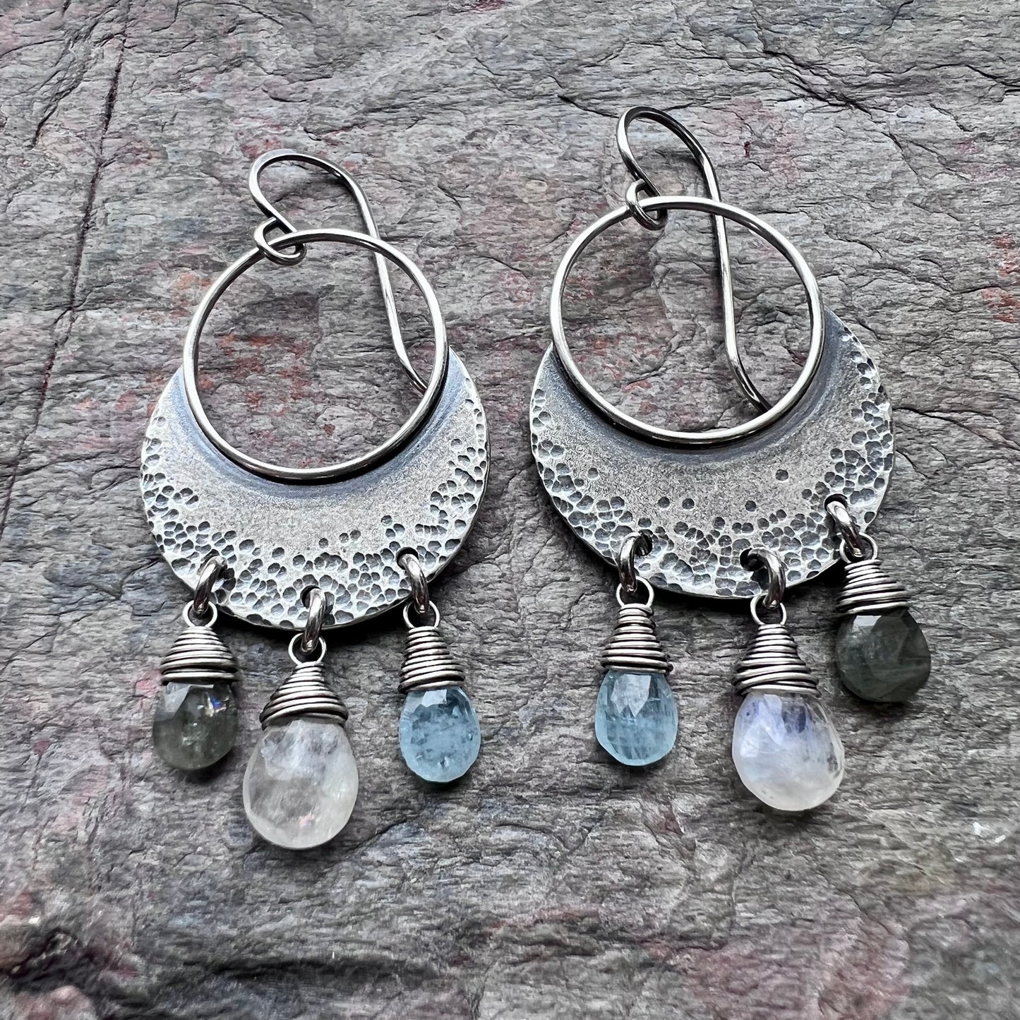 Moss Aquamarine, Moonstone, and Blue Aquamarine Sterling Silver Earrings
