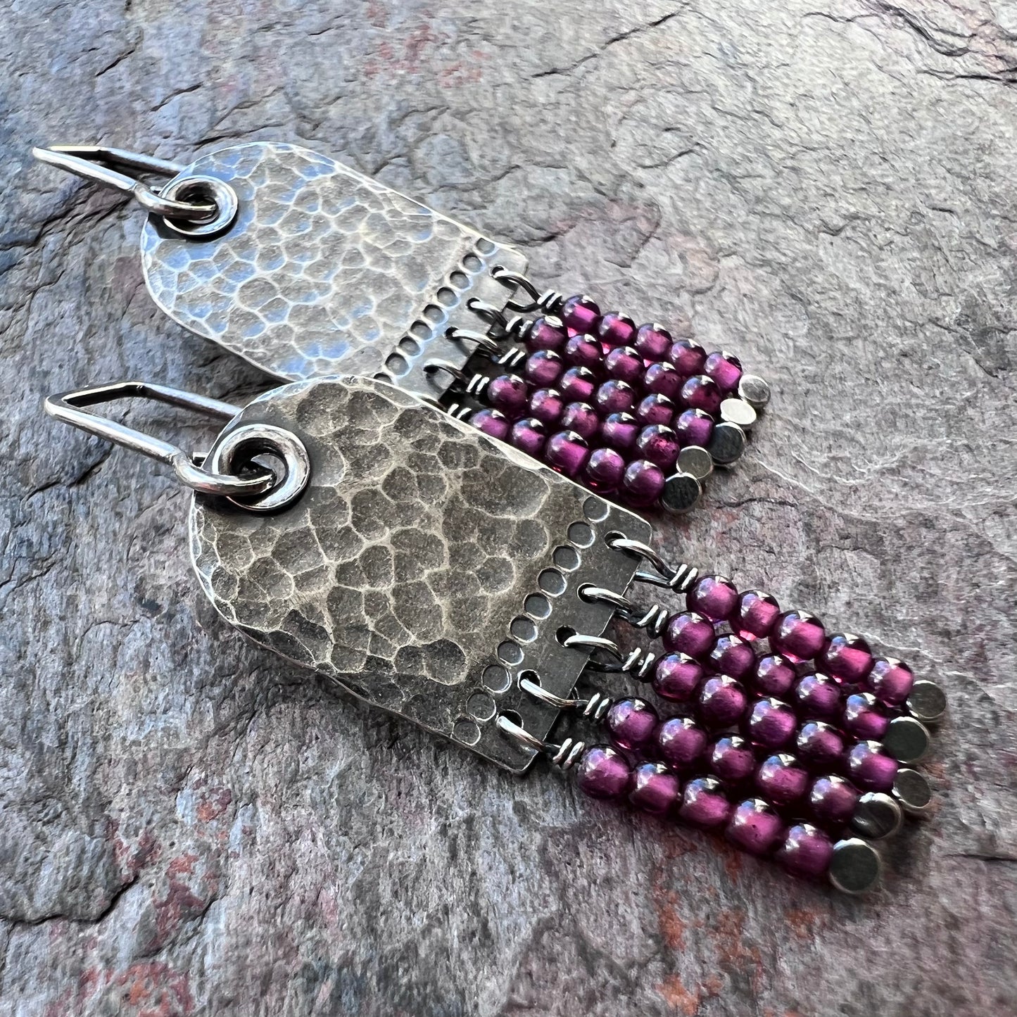 Garnet Sterling Silver Earrings - Genuine Garnet and Hammered Sterling Silver Earrings