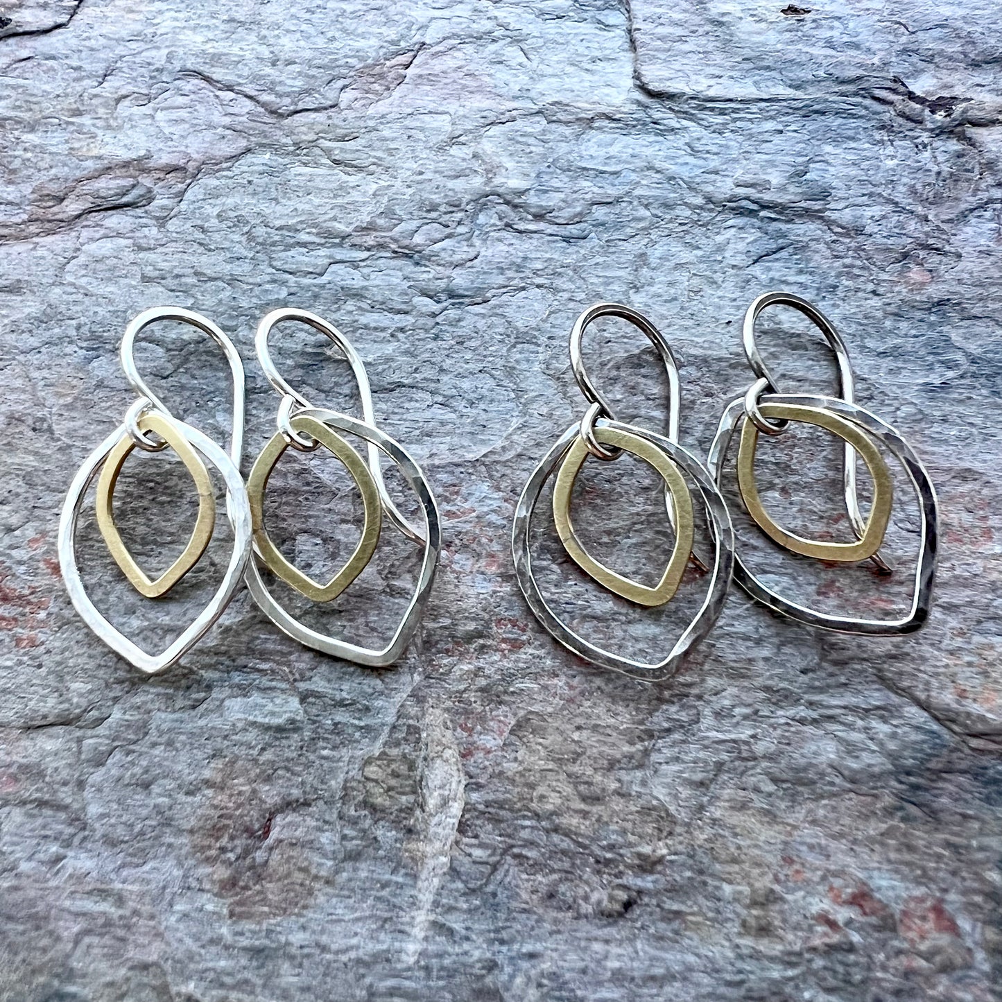 Sterling Silver and Brass Petal Earrings - Hammered Sterling Silver and Brass on Handmade Sterling Silver Earwires