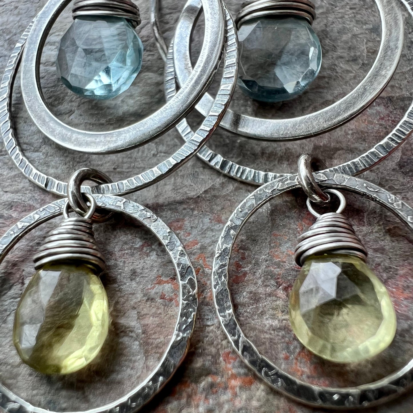 Aquamarine and Lemon Topaz Sterling Silver Earrings - Genuine Aquamarine and Lemon Topaz in Sterling Silver Circles