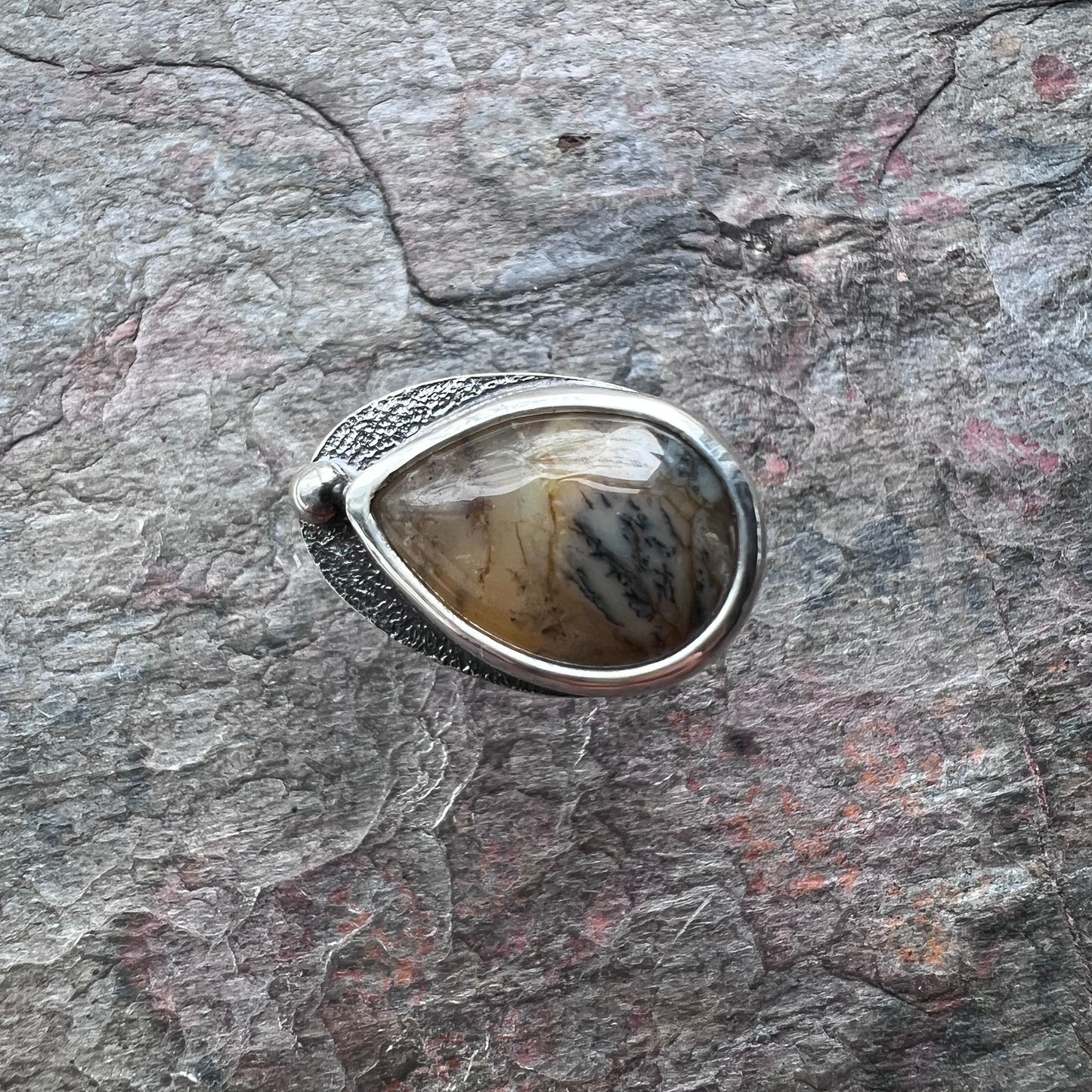 Yellow Opal Sterling Silver Ring - Handmade One-of-a-kind Genuine Yellow Opal Cabochon on Hammered Sterling Silver Band