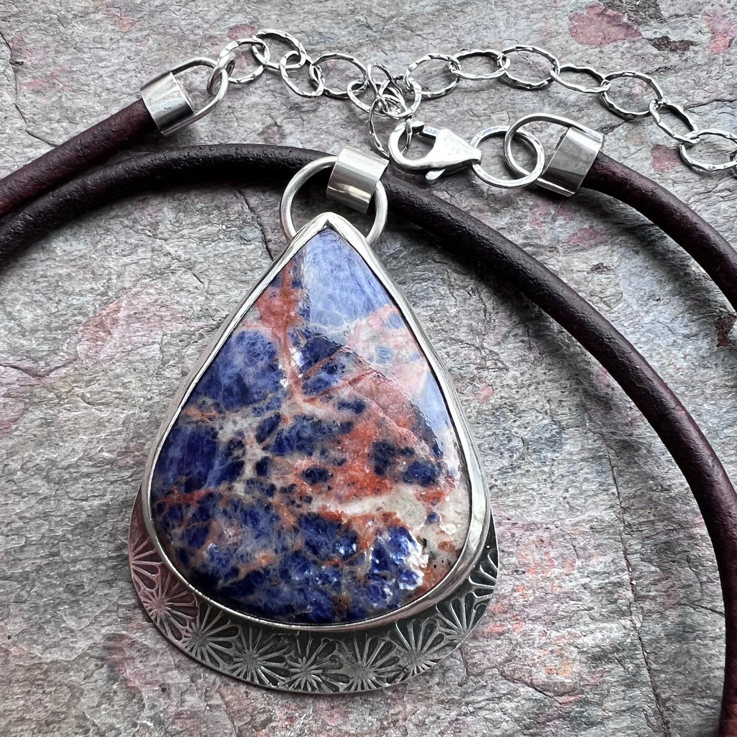 Large Sodalite and Sterling Silver Pendant Necklace - Handmade One-of-a-Kind Teardrop Pendant on Genuine Leather