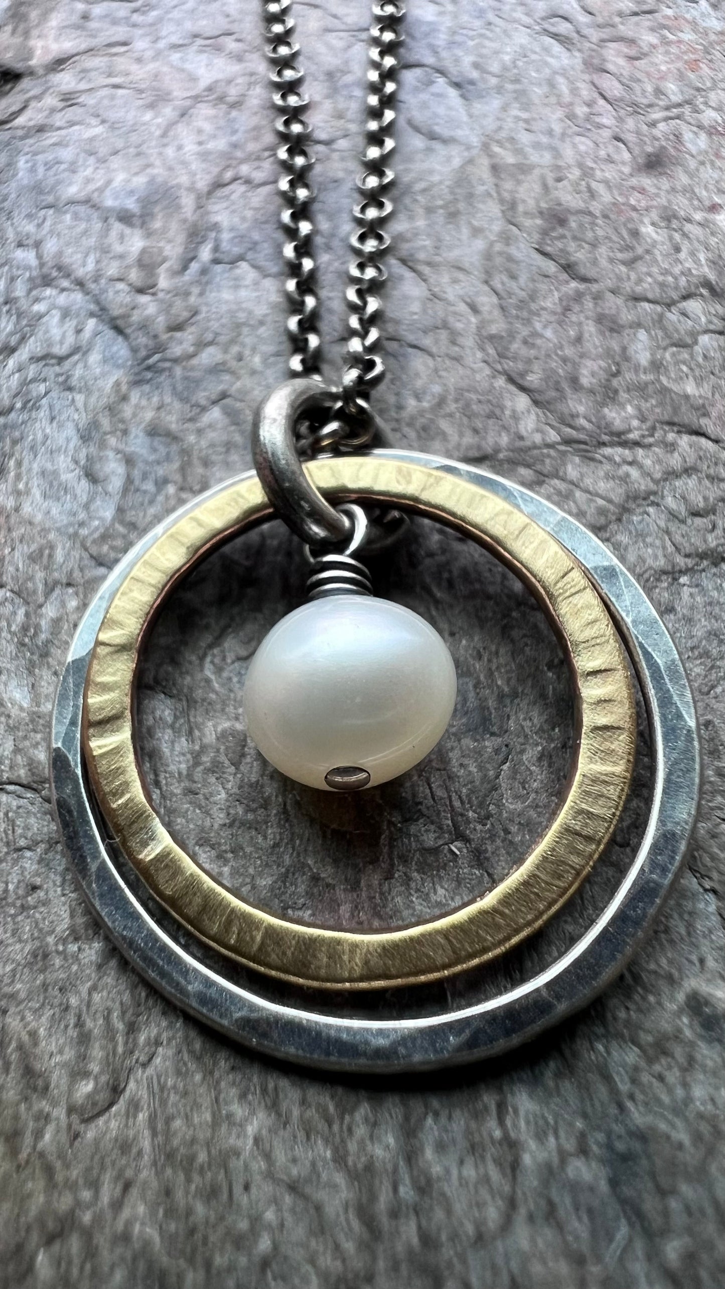 Sterling Silver Mixed Metal Pearl Necklace - Genuine Freshwater Pearl Pendant on Sterling Silver Chain