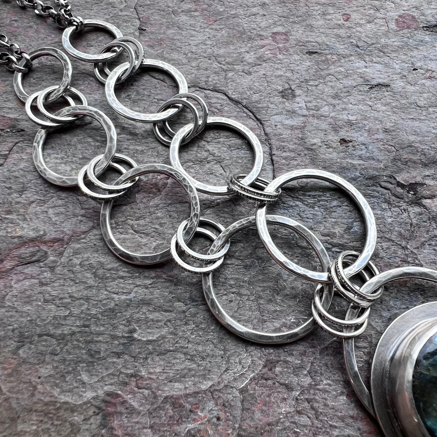 Labradorite Sterling Silver Necklace - Handmade One-of-a-kind Pendant on Hammered Ring Chain