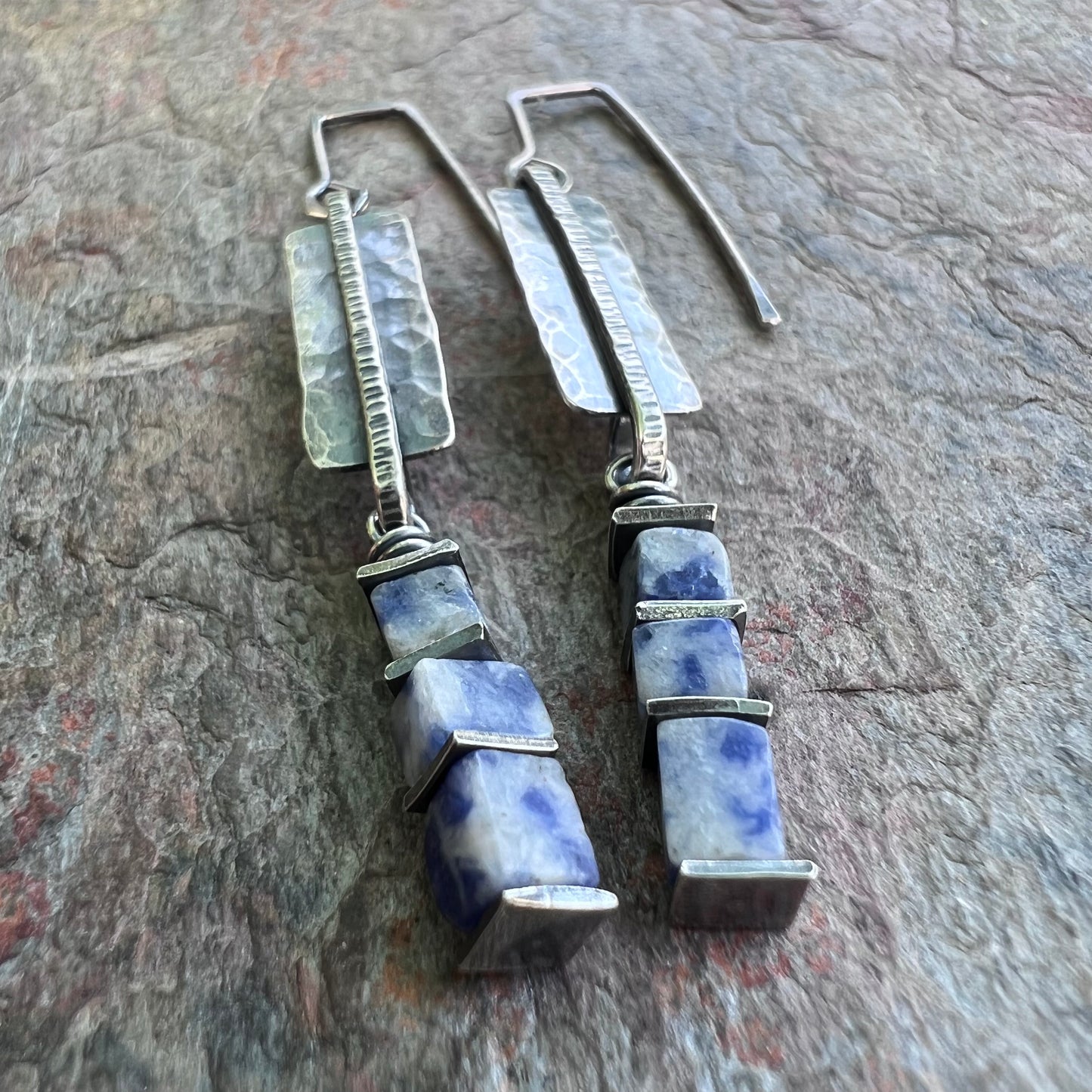 Lapis Lazuli Sterling Silver Earrings - Lapis Lazuli Cubes on Hammered Sterling Silver Rectangles