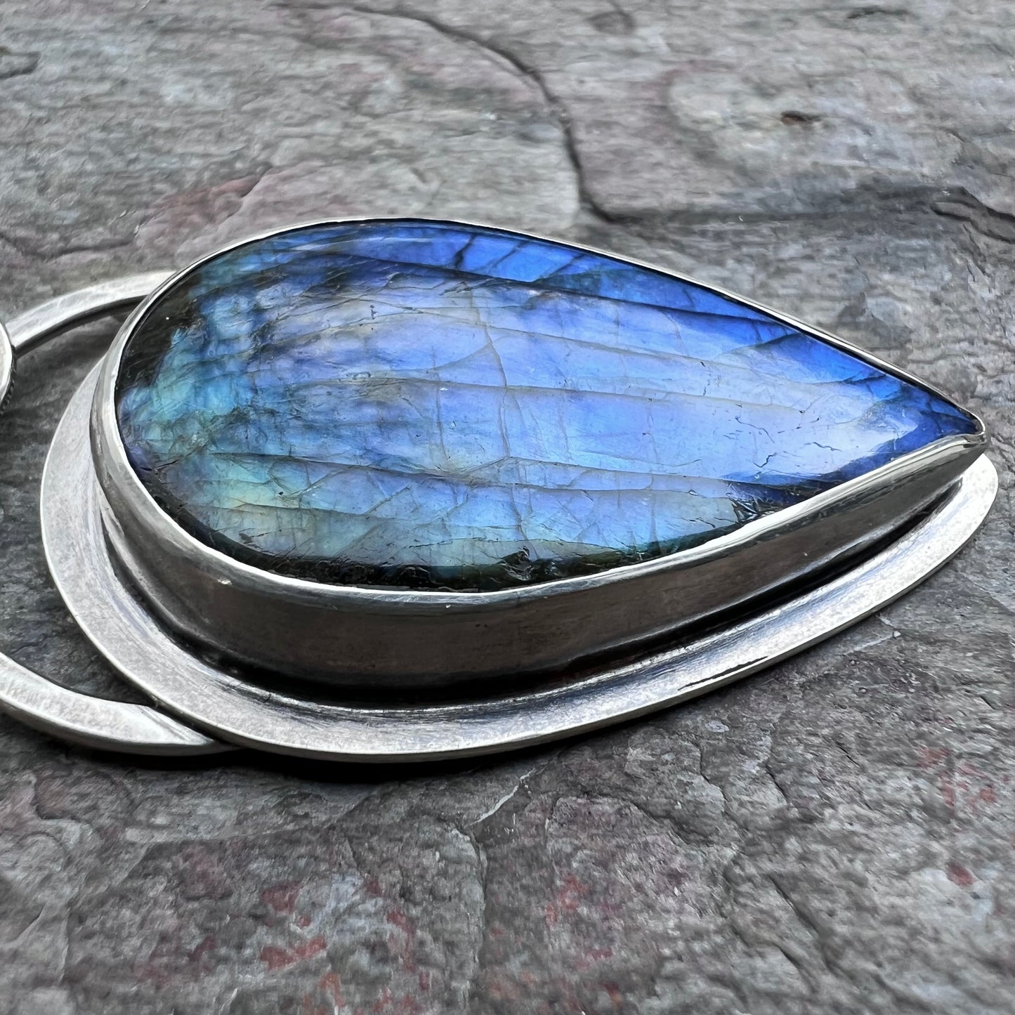 Labradorite Sterling Silver Necklace - Handmade One-of-a-kind Pendant on Hammered Ring Chain
