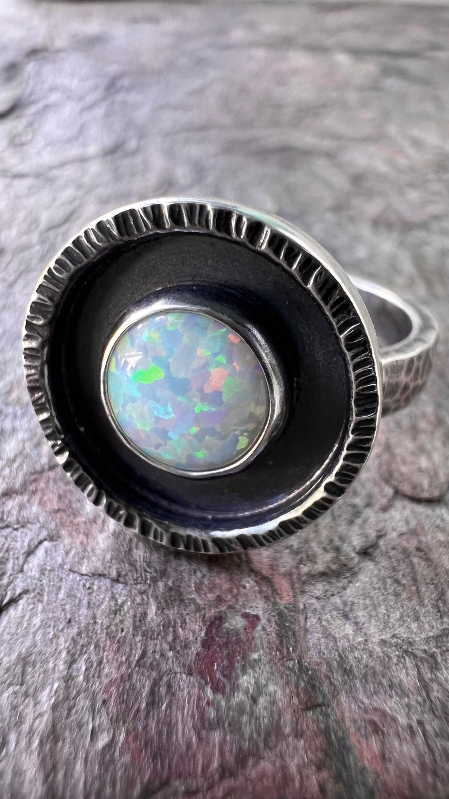 Opal Sterling Silver Ring - Handmade Simulated Opal Cabochon Sterling Silver Ring - Size 8