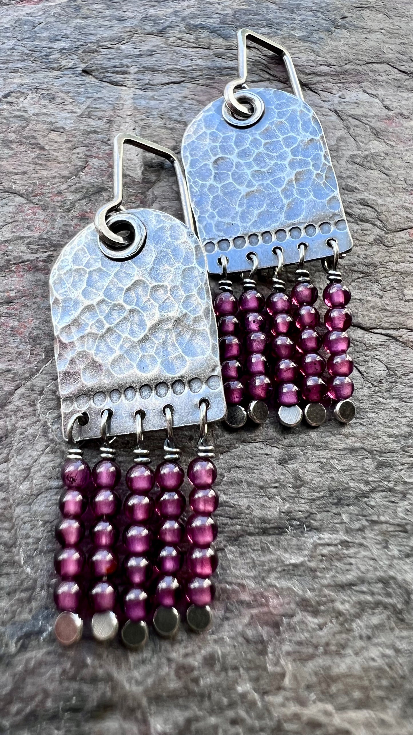 Garnet Sterling Silver Earrings - Genuine Garnet and Hammered Sterling Silver Earrings