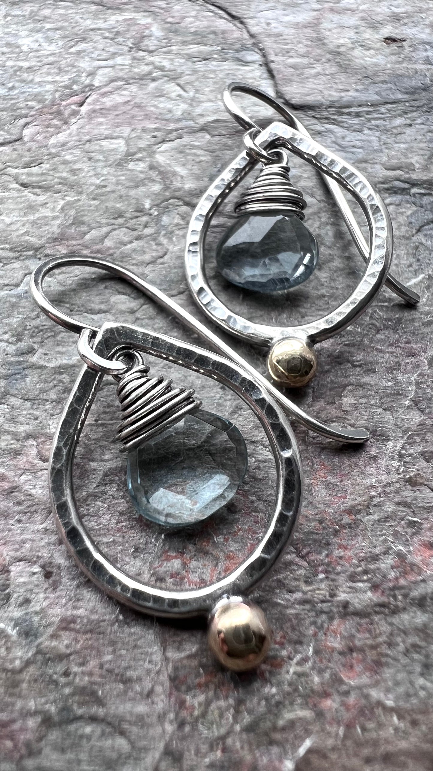 Aquamarine Sterling Silver Earrings - Hammered Sterling Silver and Brass Mixed Metal Teardrop Earrings