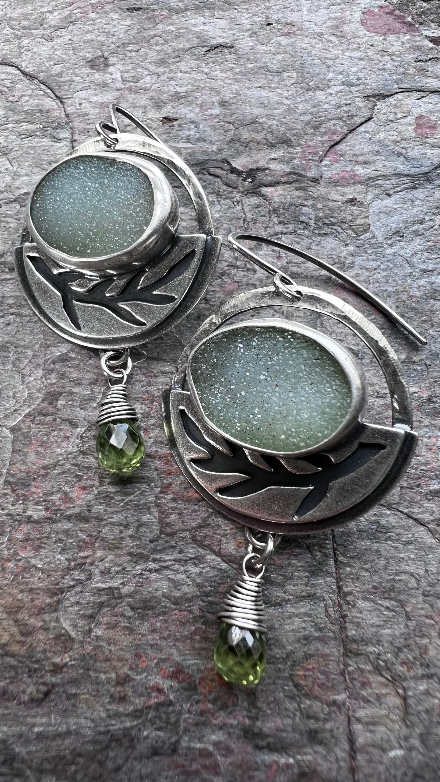 Sterling Silver Druzy and Peridot Earrings - Handmade One-of-a-kind Earrings