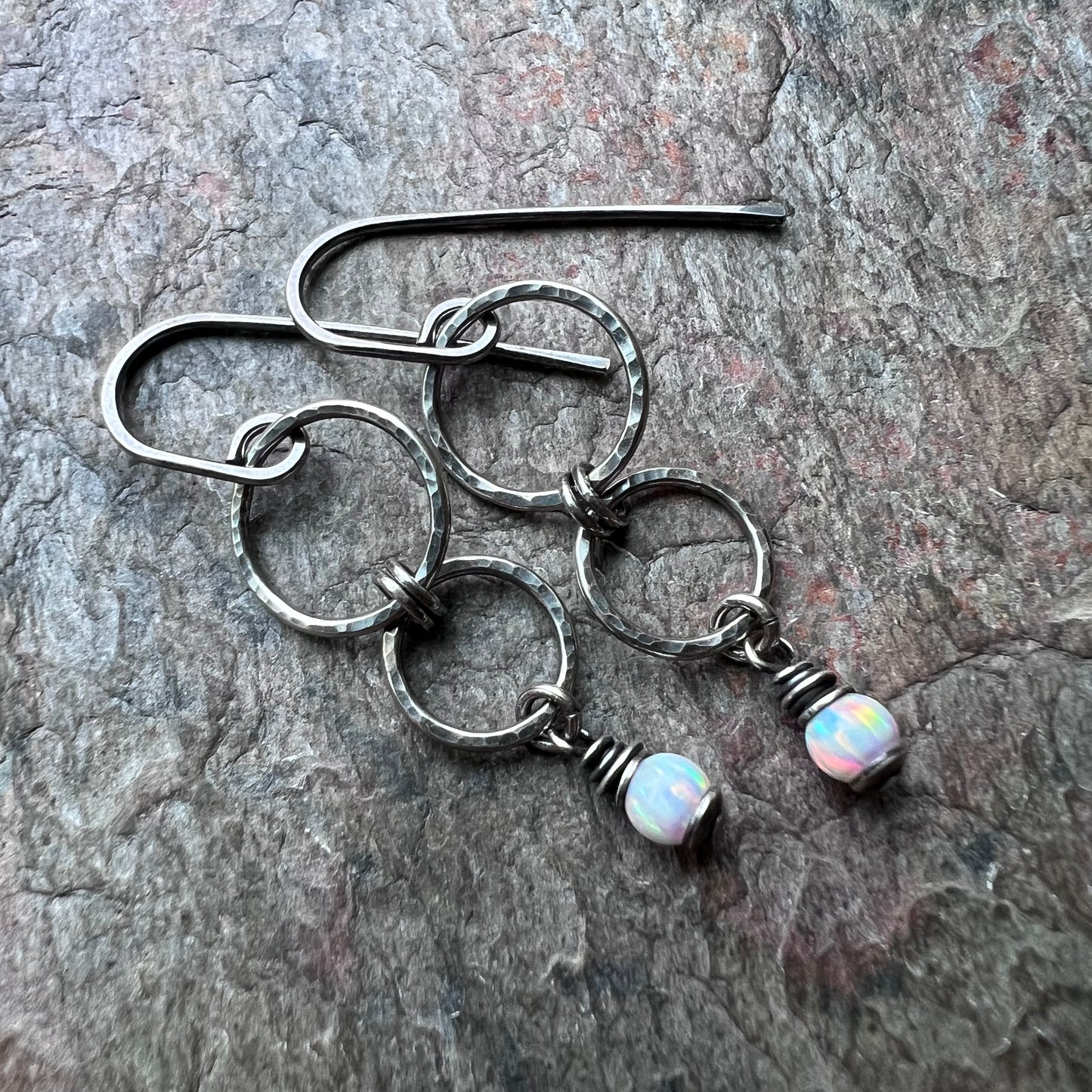 Sterling Silver Opal Earrings - Handmade Hammered Silver Simulated Opal Dangle Earrings