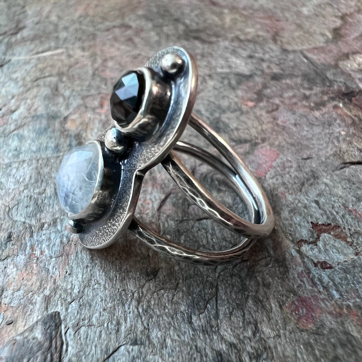 Rainbow Moonstone and Black Spinel Sterling Silver Ring - Handmade One-of-a-kind Ring - Size 8