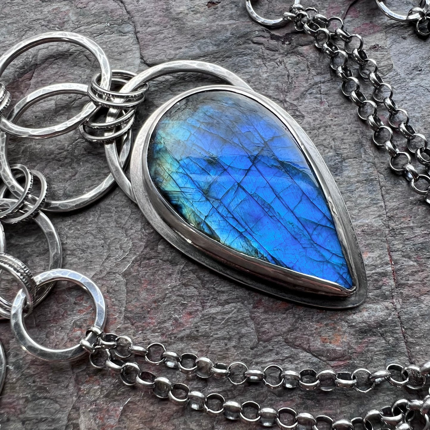 Labradorite Sterling Silver Necklace - Handmade One-of-a-kind Pendant on Hammered Ring Chain