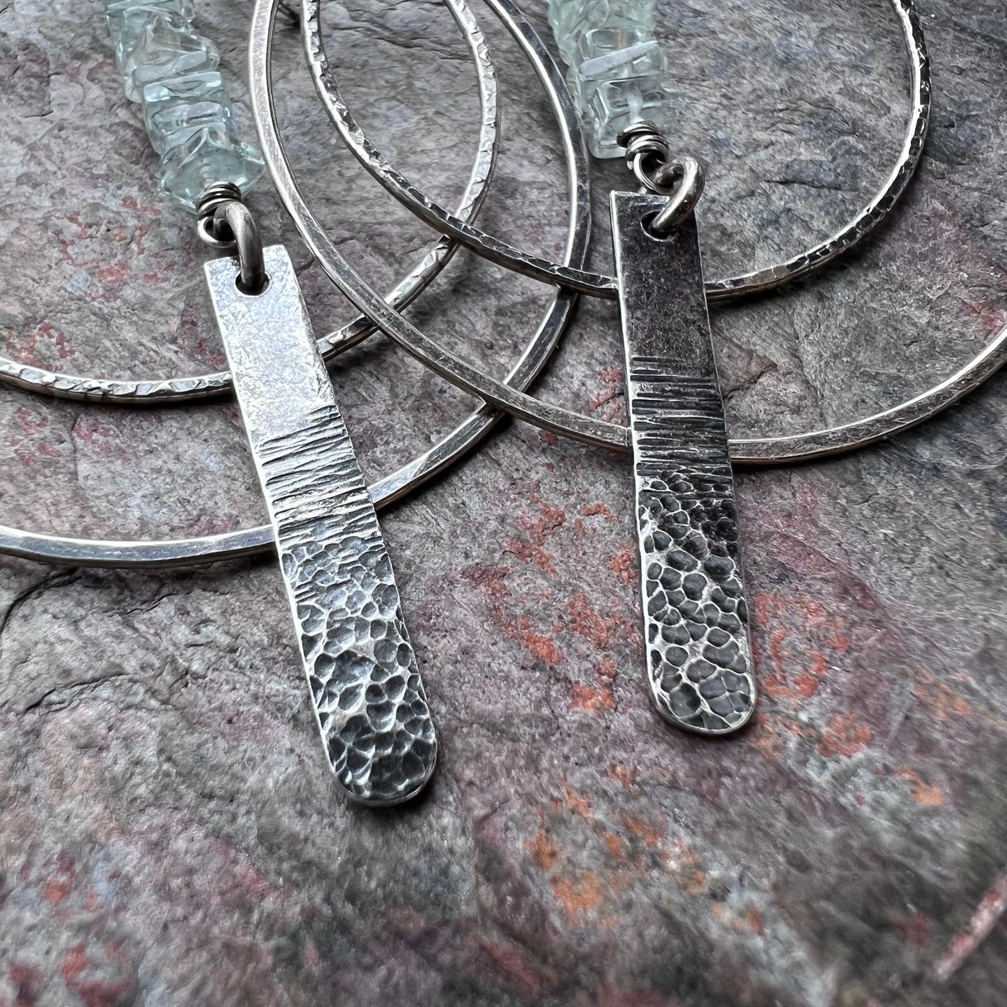 Aquamarine Sterling Silver Earrings - Genuine Aquamarine and Hammered Bars in Sterling Silver Hoop Earrings