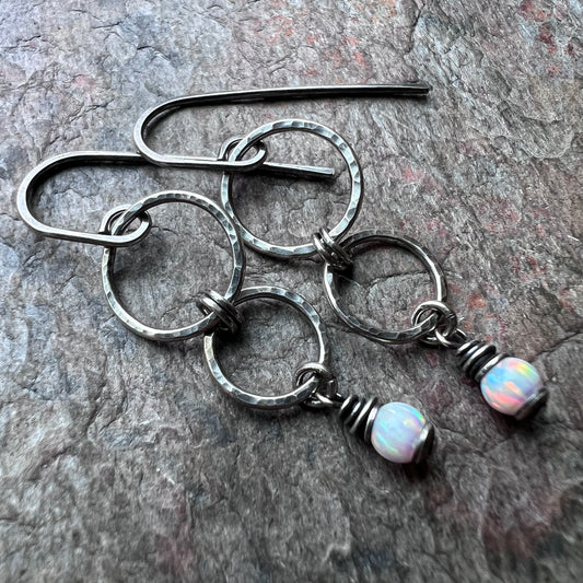 Sterling Silver Opal Earrings - Handmade Hammered Silver Simulated Opal Dangle Earrings