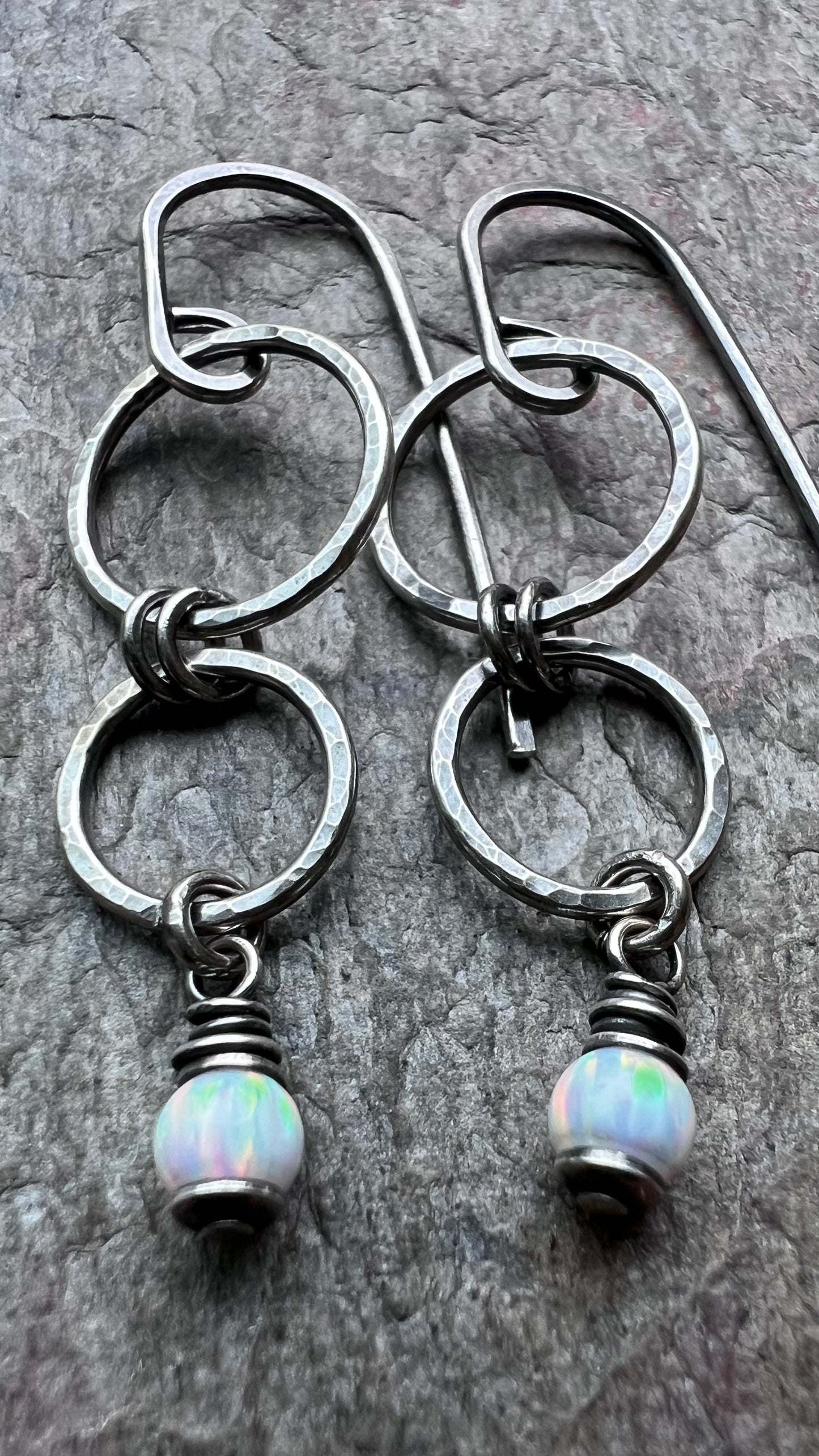 Sterling Silver Opal Earrings - Handmade Hammered Silver Simulated Opal Dangle Earrings