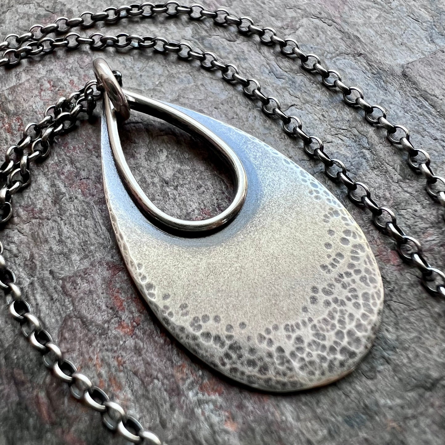 Sterling Silver Teardrop Necklace - Textured Sterling Silver Open Teardrop on Sterling Silver Chain