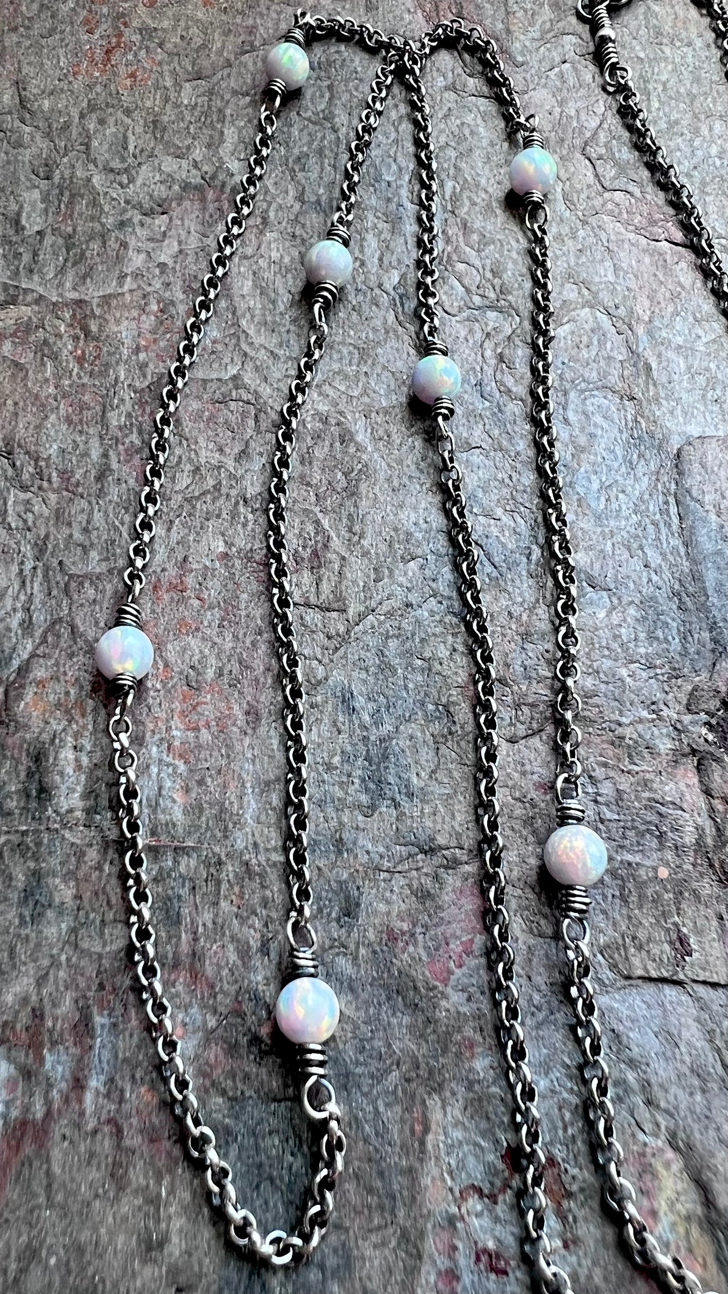 Long Sterling Silver Opal Necklace - Simulated Opal and Sterling Silver Chain Necklace