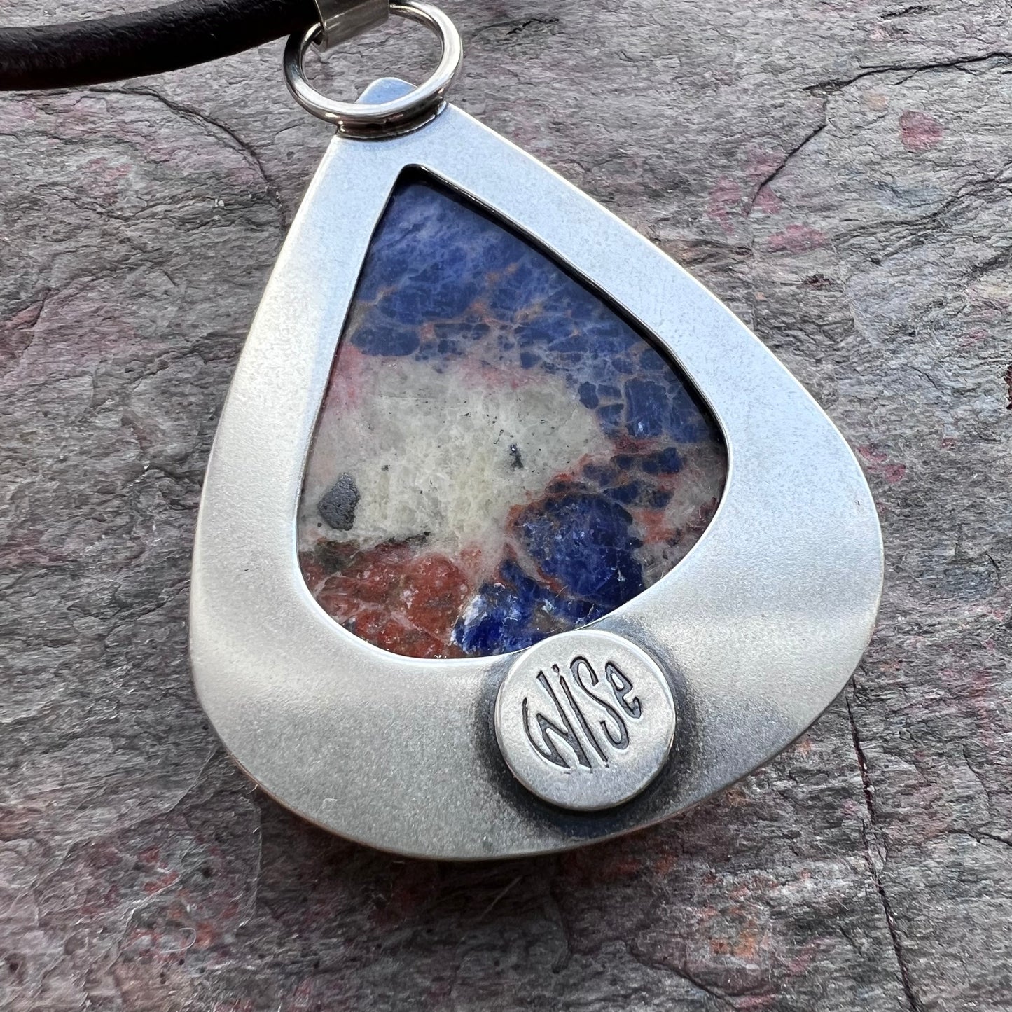 Large Sodalite and Sterling Silver Pendant Necklace - Handmade One-of-a-Kind Teardrop Pendant on Genuine Leather