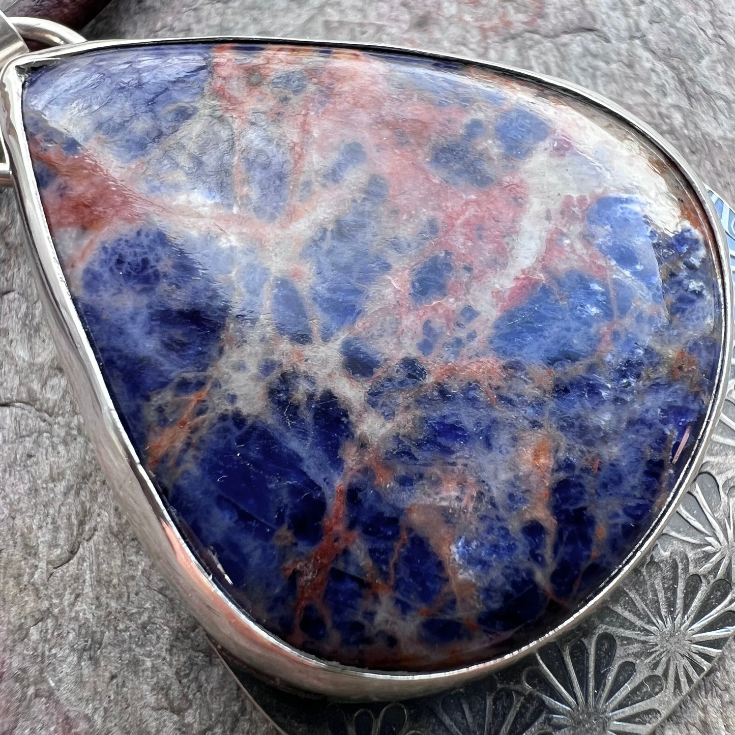 Large Sodalite and Sterling Silver Pendant Necklace - Handmade One-of-a-Kind Teardrop Pendant on Genuine Leather