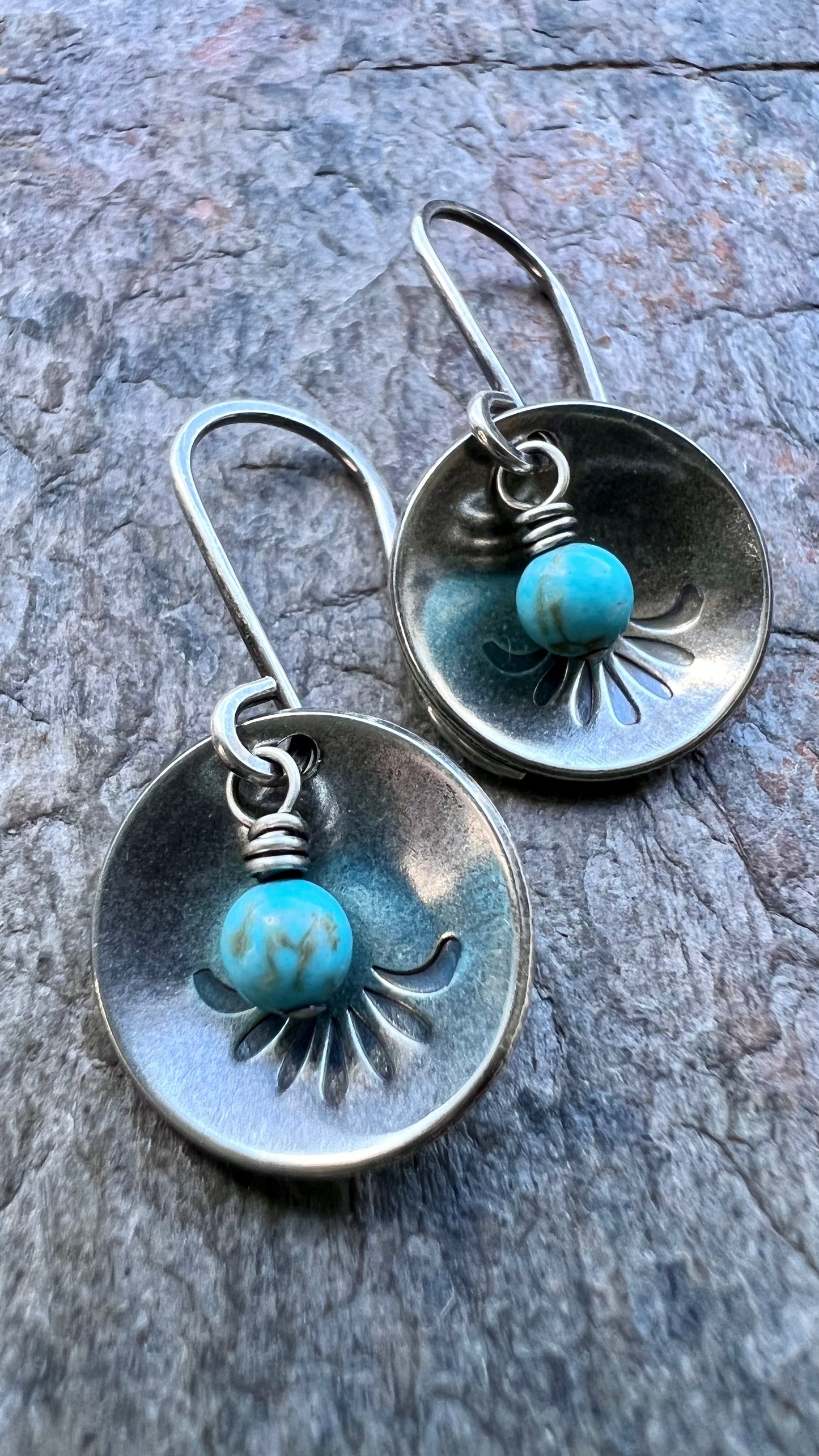 Turquoise Sterling Silver Earrings - Tiny Turquoise Beads in Stamped Sterling Silver Domed Circles