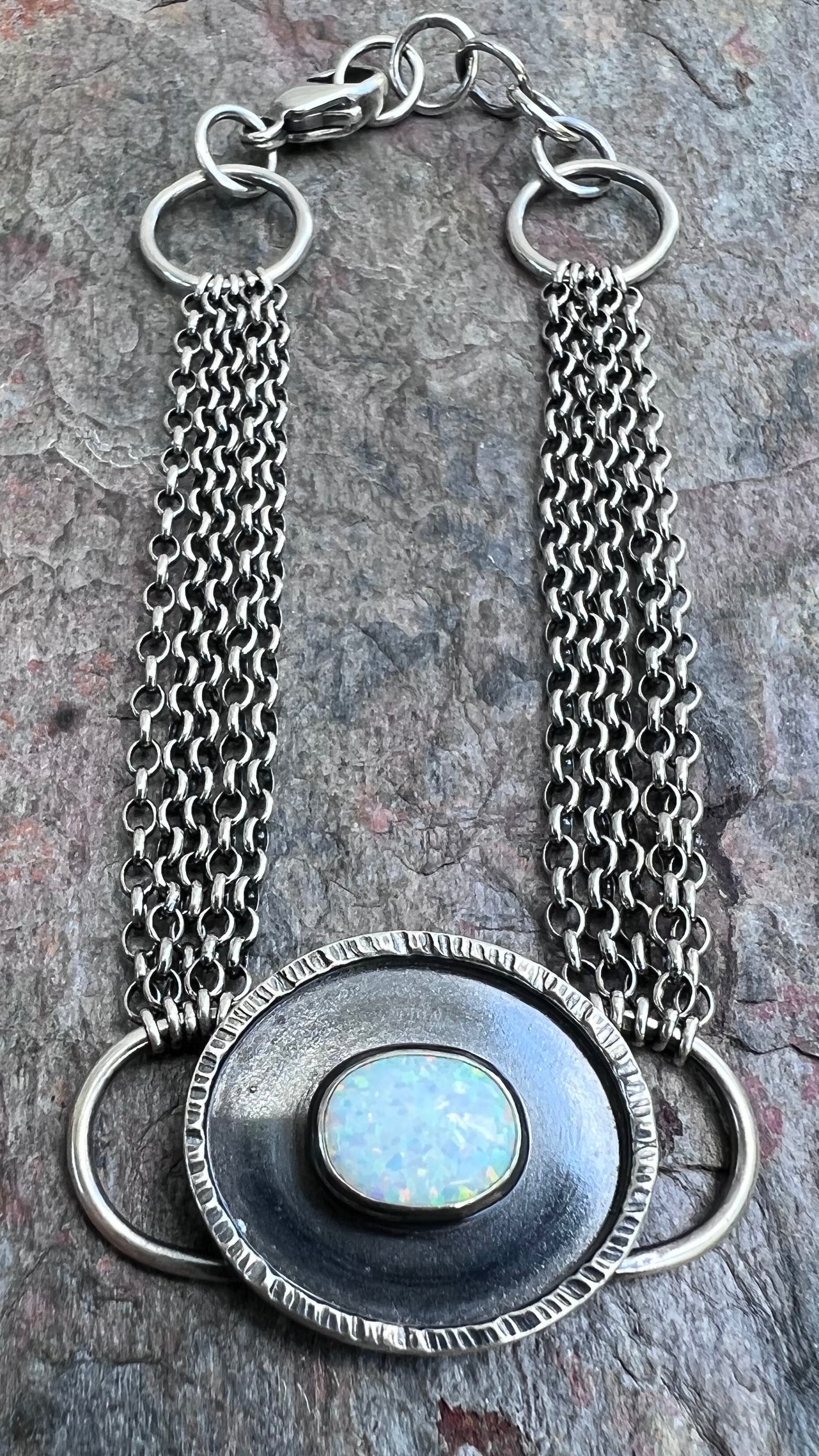 Opal Sterling Silver Bracelet - Handmade Simulated Opal Cabochon and Sterling Silver Bracelet