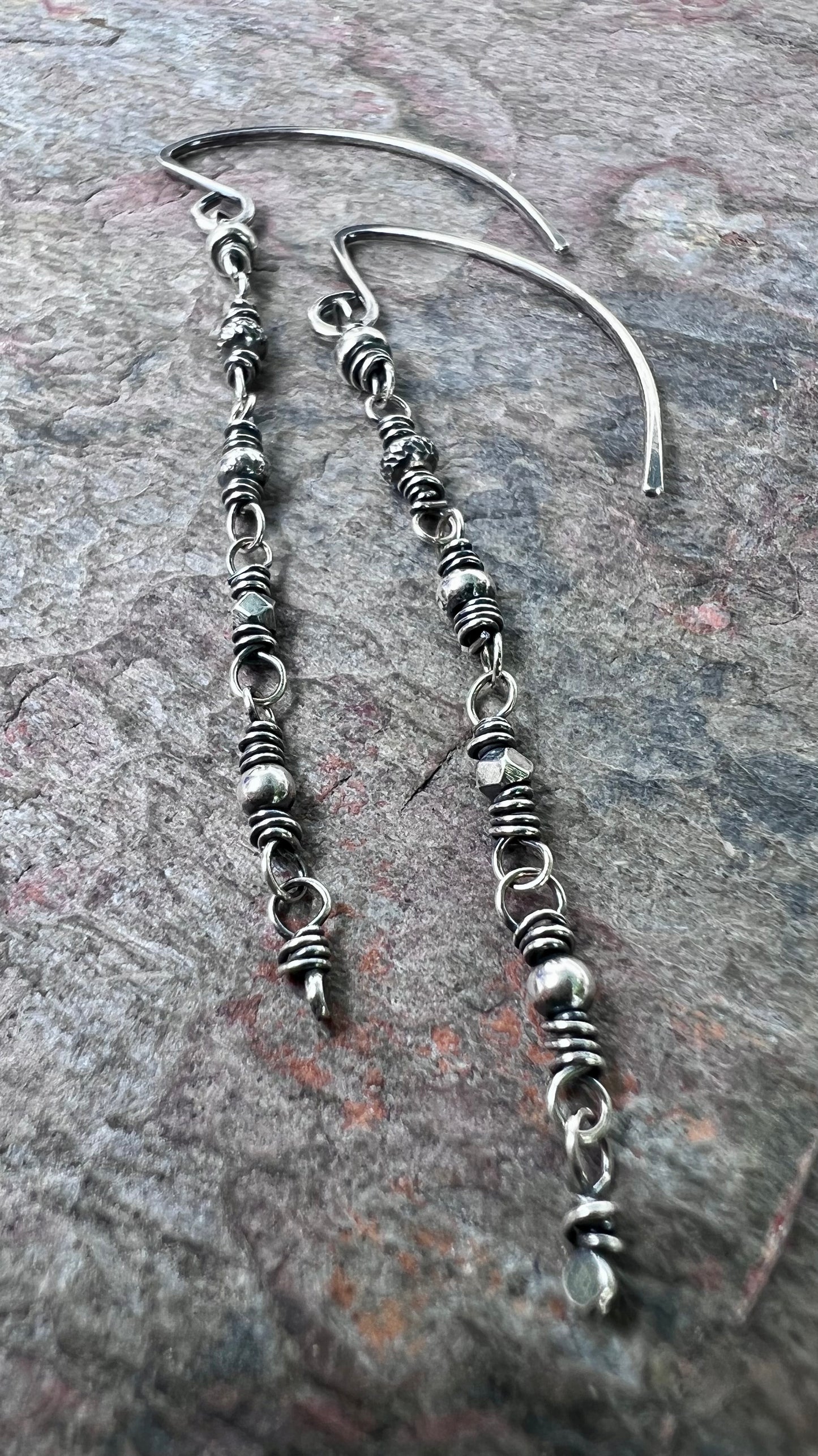 Long Sterling Silver Wire-wrapped Beaded Earrings - Modern and Lightweight Everyday Earrings